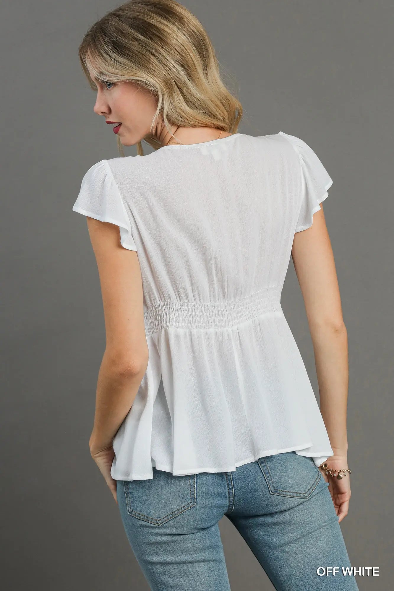 K6151 Trimmed Detail V-Neck Ruffle Sleeve Babydoll Top