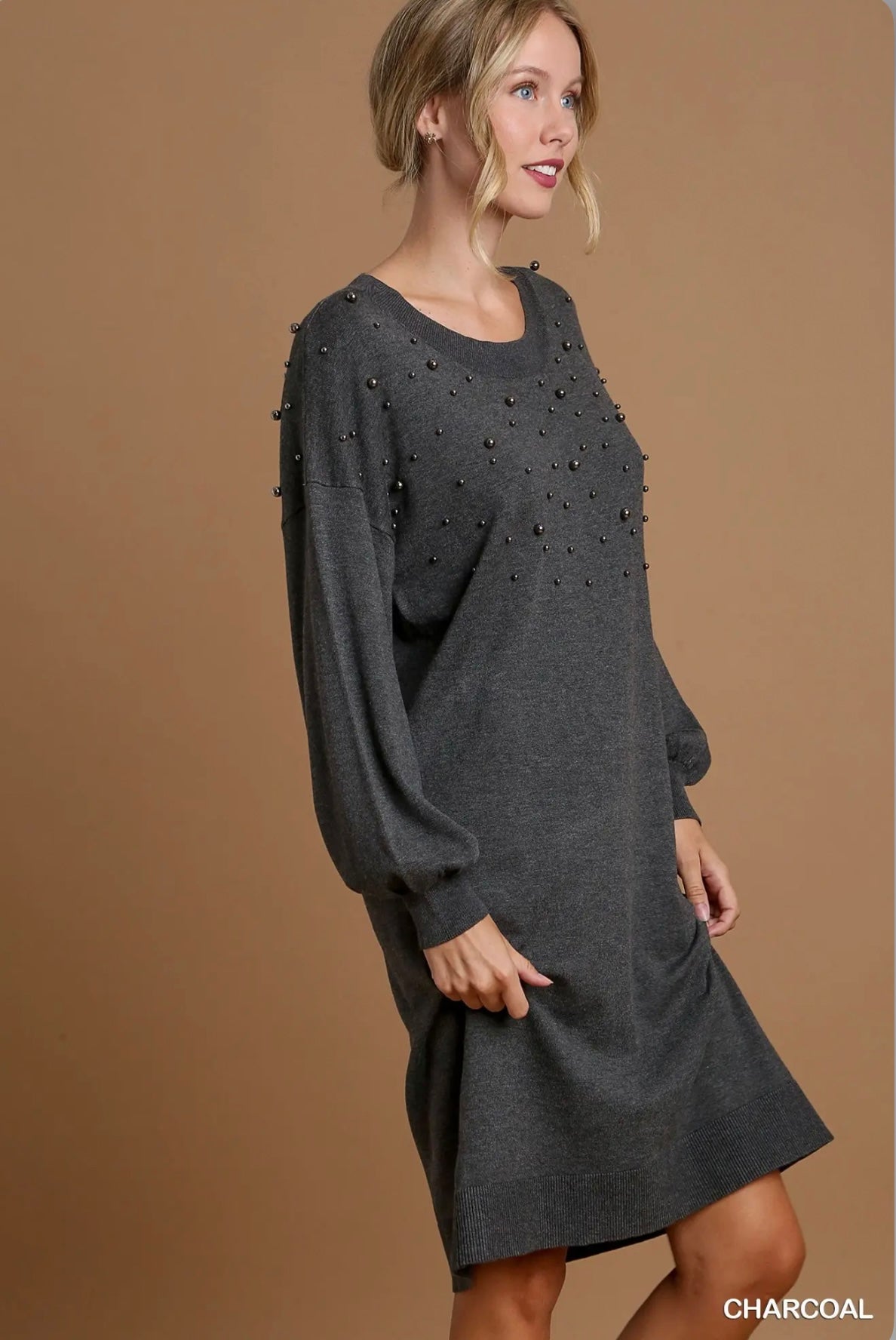 K7486 Pearl Round Neck Sweater Dress