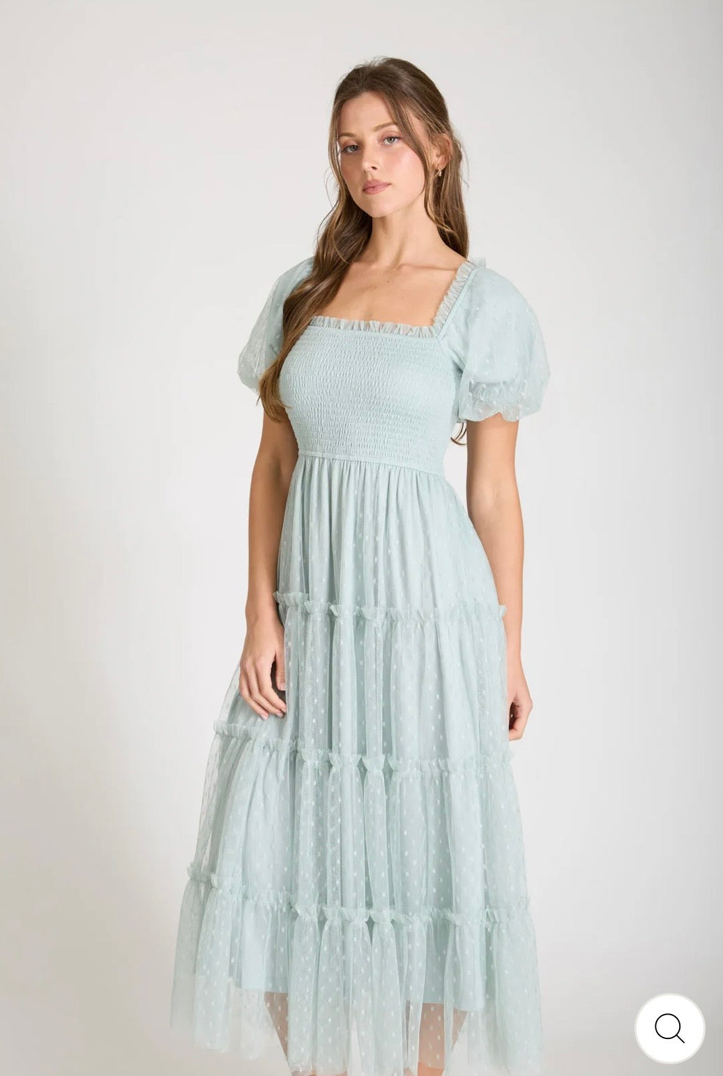 CR2739 POLKA DOT TULLE PUFF SLEEVE SMOCKED TIERED MIDI DRESS