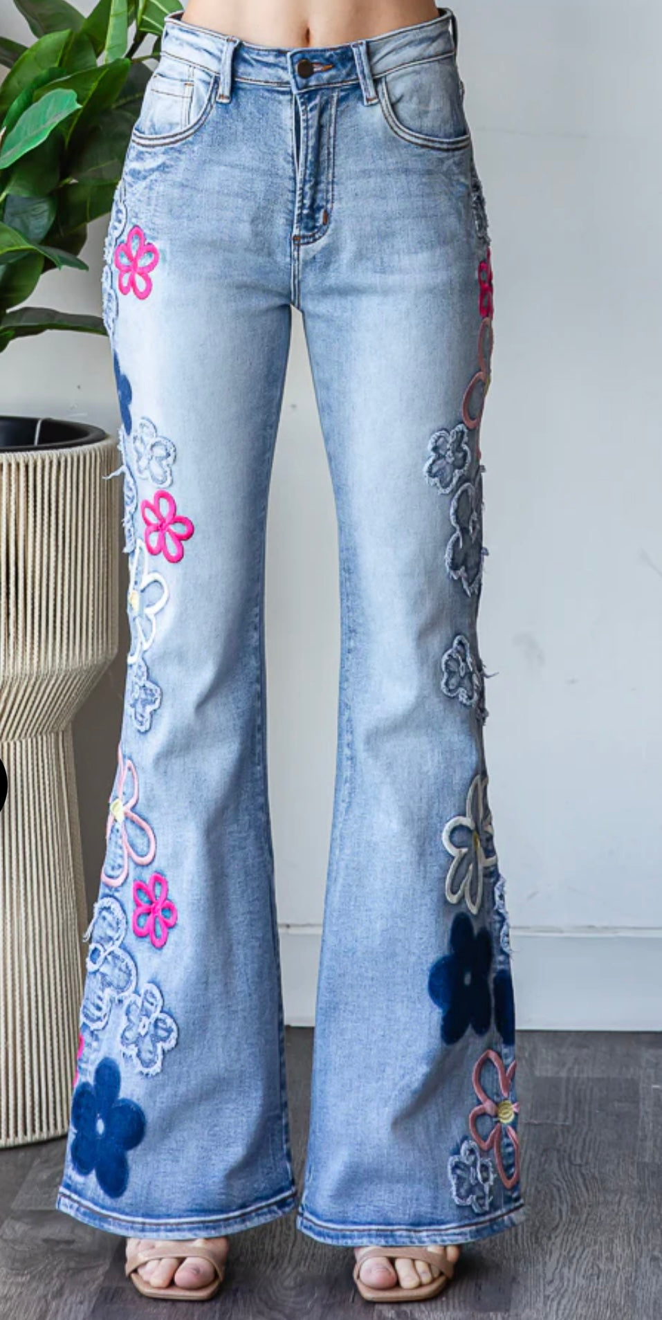 Pre-Order- JP0810 Washed Flowered Embroidery Flare Jeans
