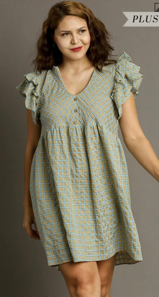 WK8334 Checkered Texture Fabric Dress with Ruffle Details, Belt Tie &amp; Pin-Tucks