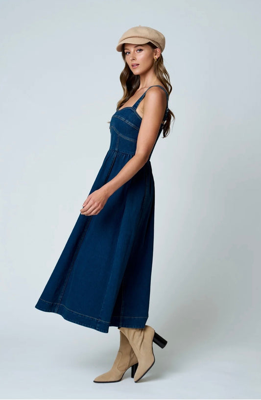 B6FD1020 SWEETHEART CORSET SEAM DETAIL DENIM MIDI DRESS