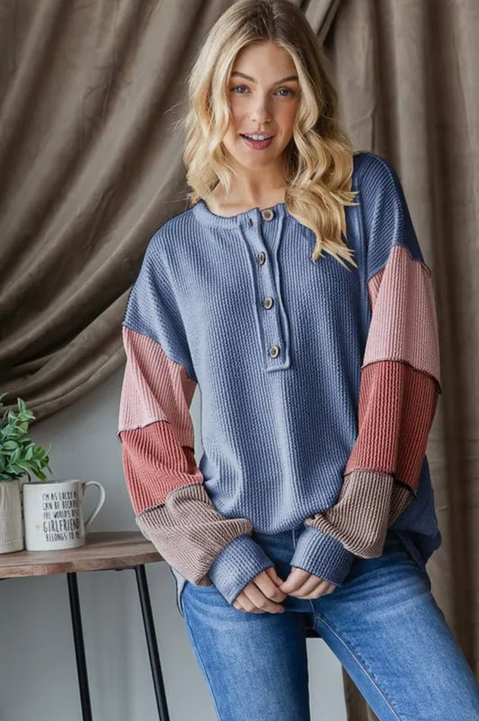 ET7653-10 Urban Ribbed Solid Color Block Top-Denim Vintage