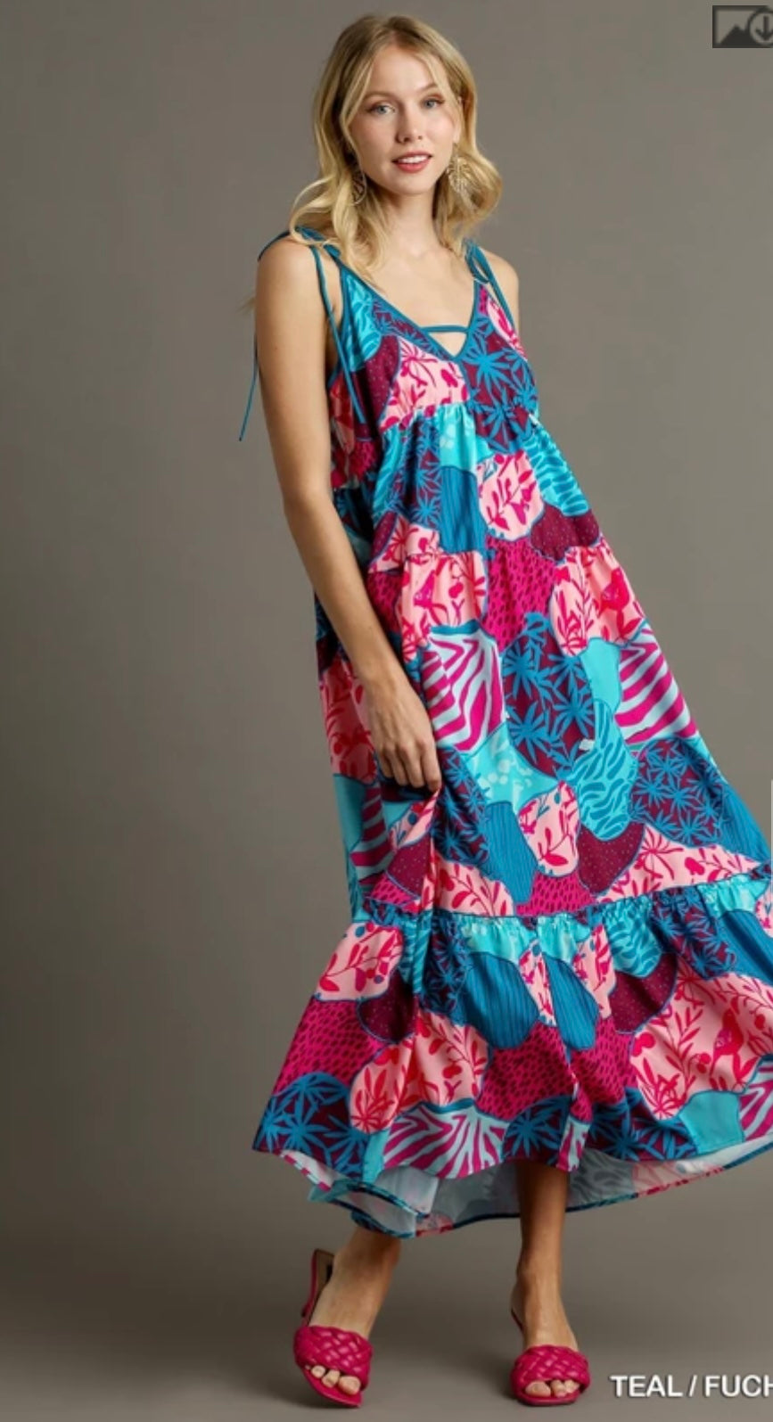 K8401 Mixed Print Spaghetti Tie Strap Dress