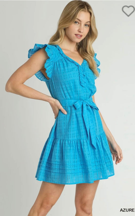 B8747 Checkered Texture Fabric Dress with Ruffle Details, Belt Tie &amp; Pin-Tucks-CREAM COLOR