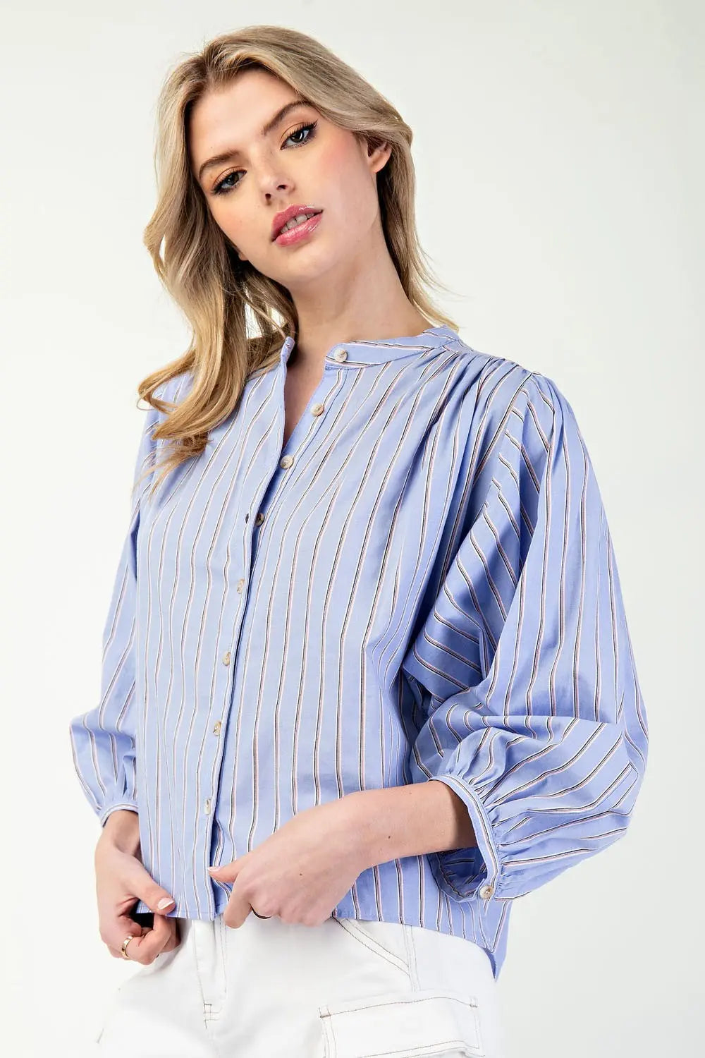 K11562 Striped 3/4 Sleeve Button Down Shirt