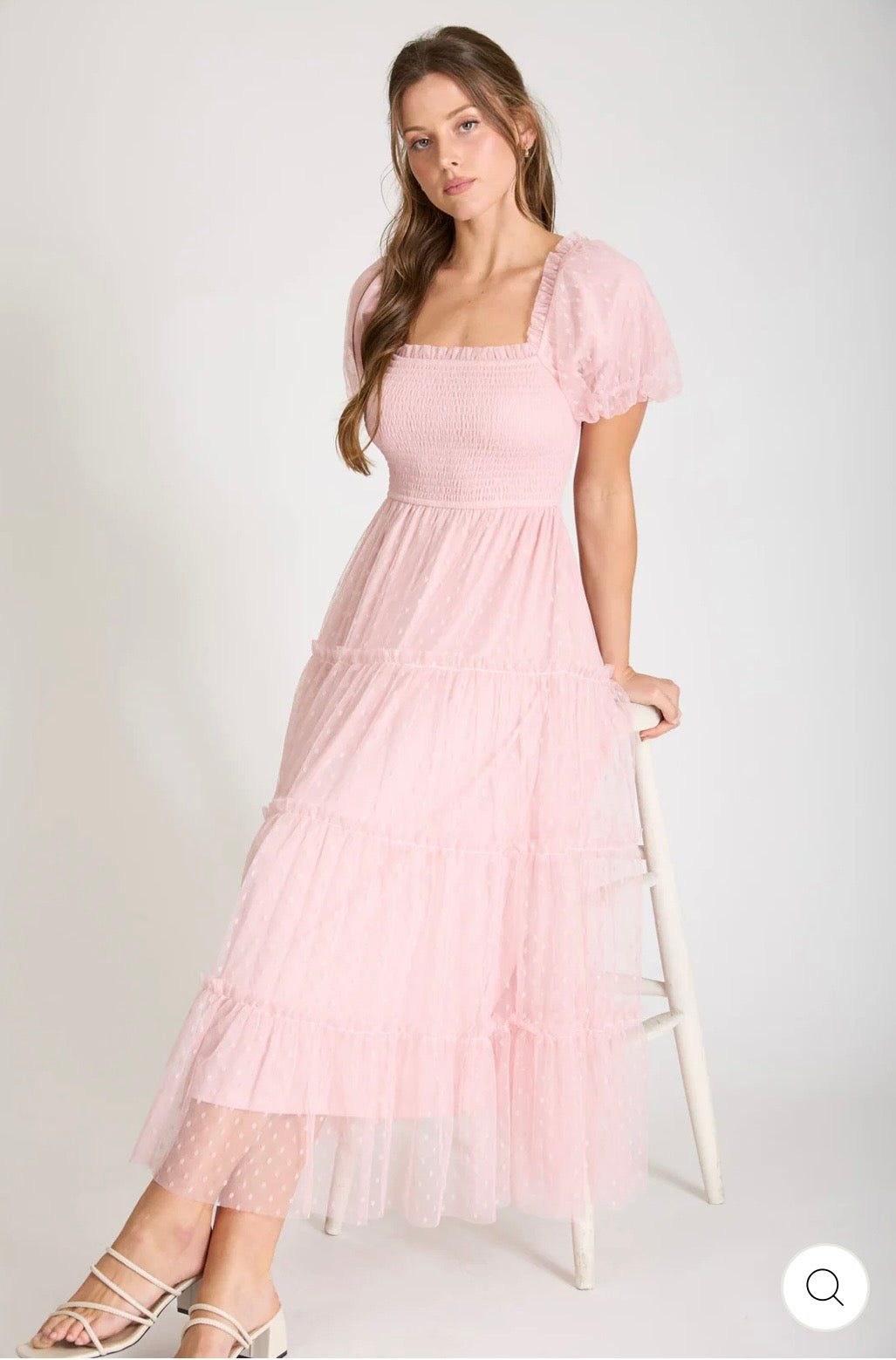 CR2739 POLKA DOT TULLE PUFF SLEEVE SMOCKED TIERED MIDI DRESS