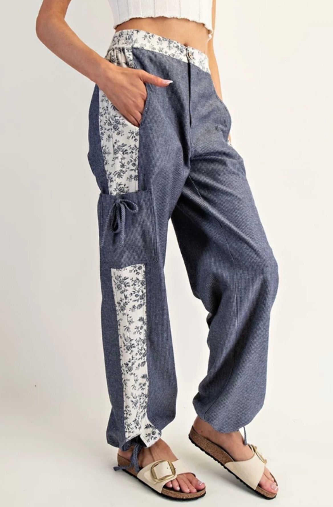 PH15041 Soft Washed Floral Striped Color Block Pants