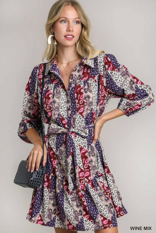 B8330 Mixed Print Collared Button Down Dress
