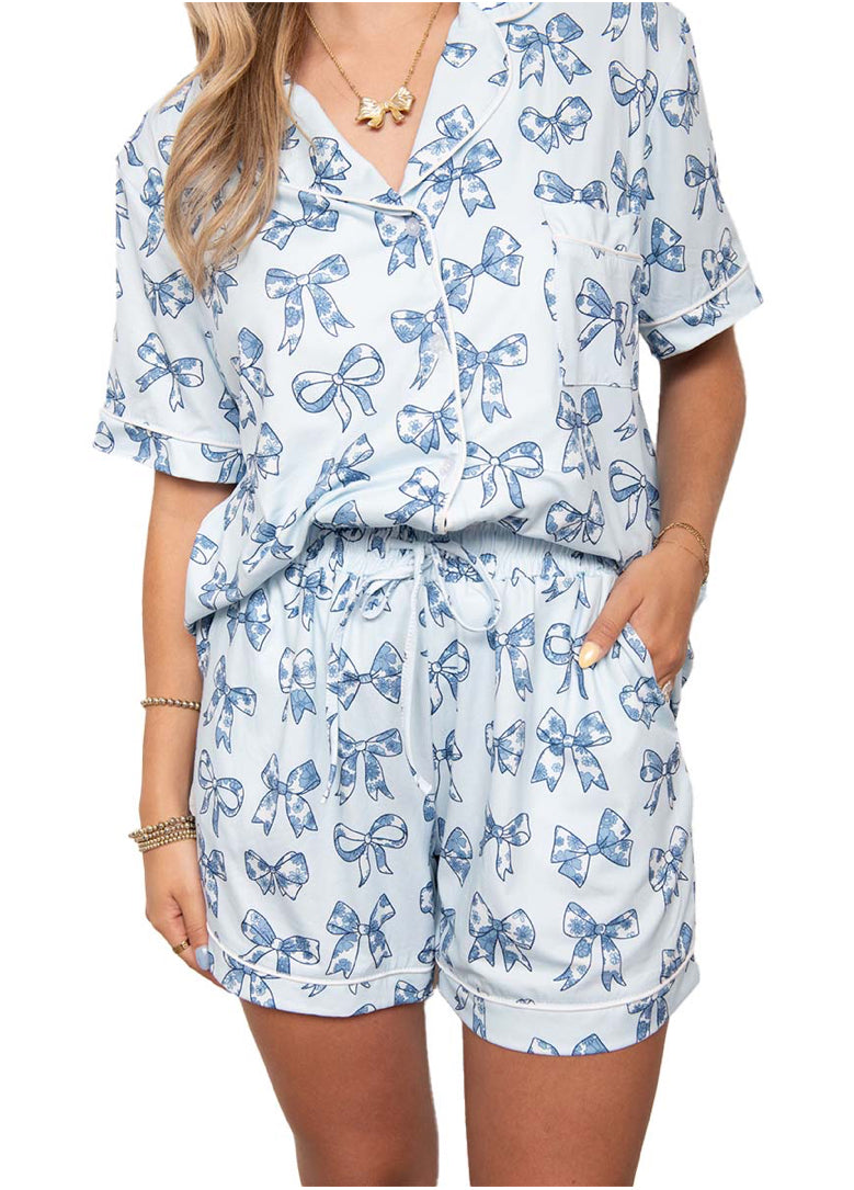 LIGHT BLUE TOILE COQUETTE BOWS WHOLESALE COTTON PJ SET