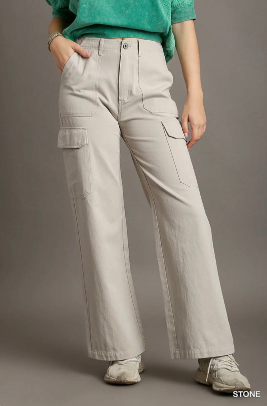 K7708 Solid Stone Washed Straight Cargo Pants
