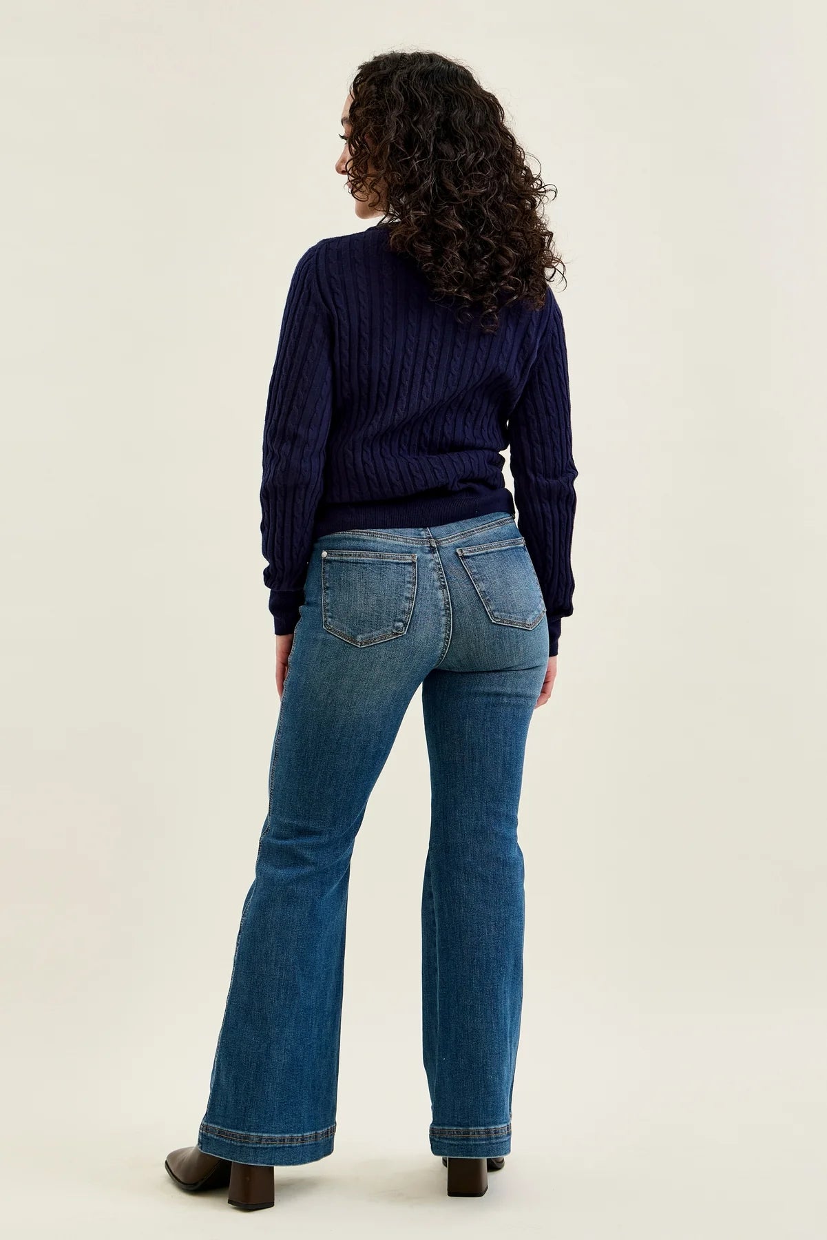 881018PT Petite Flare Tummy Control Double Button High Waist Jean