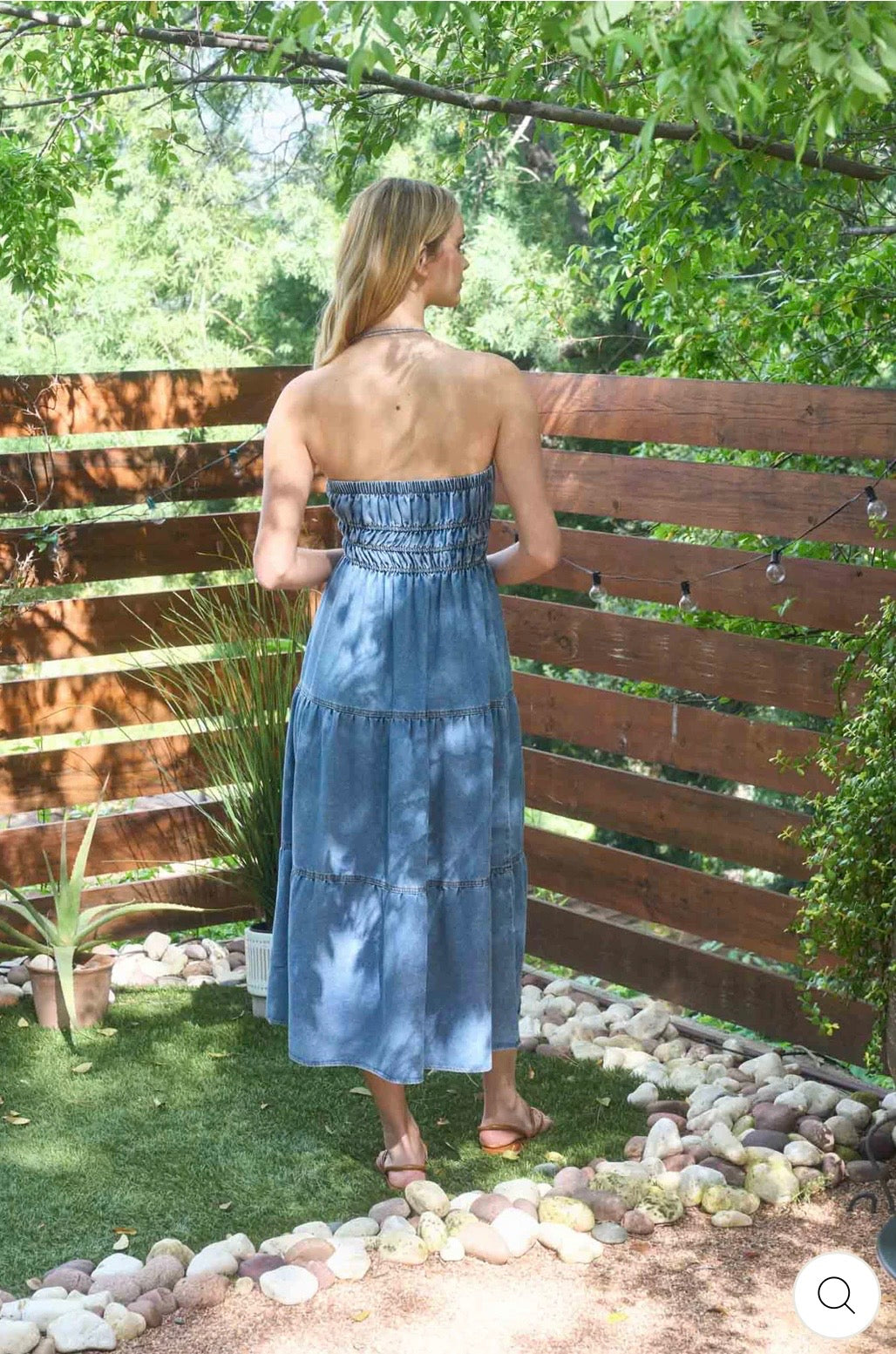 B6SX1051 Strapless Shirred Tiered Denim Midi Sundress