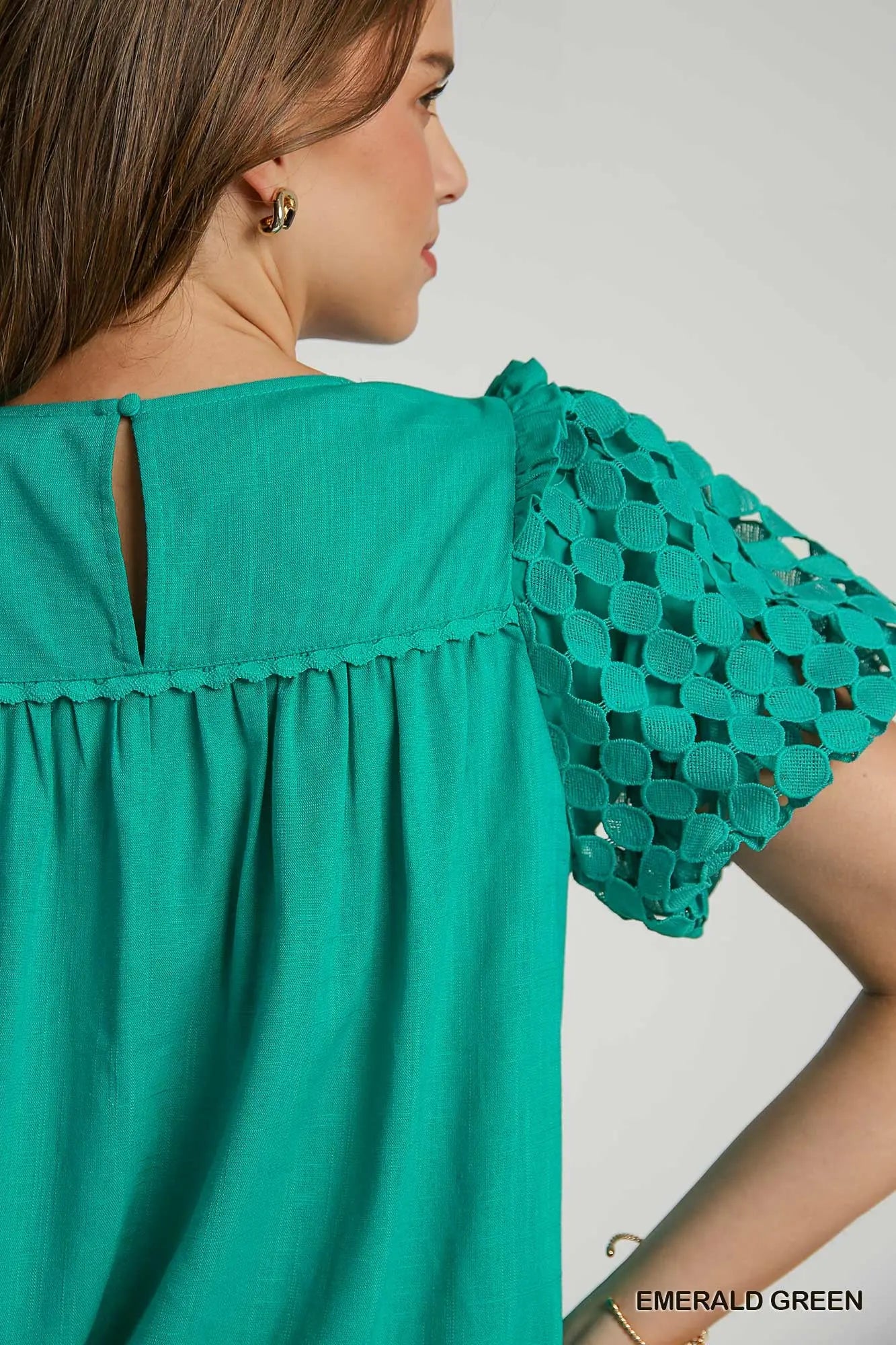 K8620 Linen Mixed Polka Dot Lace Top
