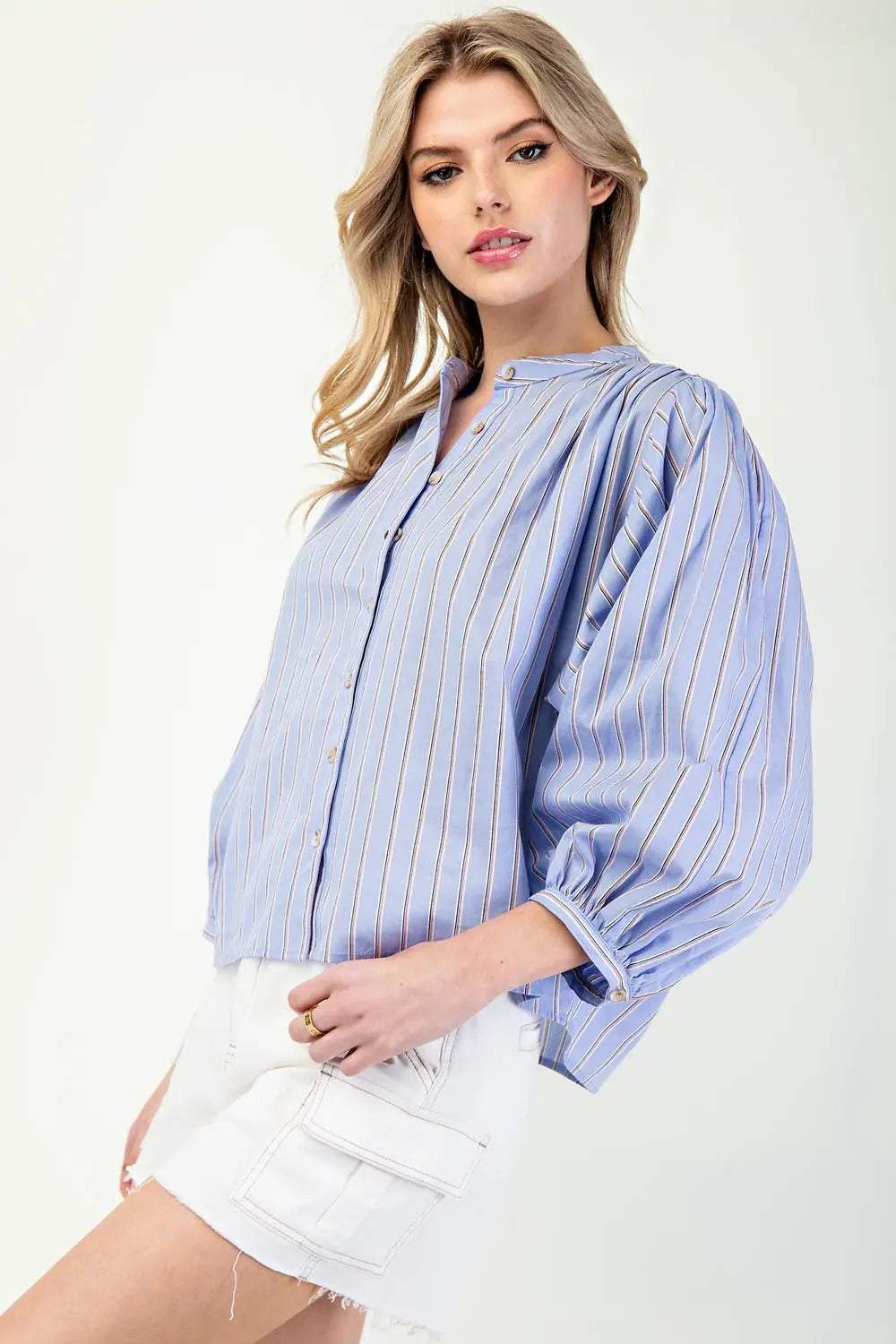 K11562 Striped 3/4 Sleeve Button Down Shirt