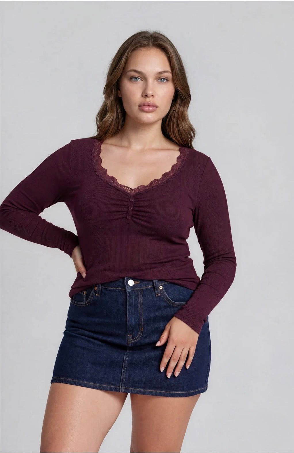 PTWS1129 PLUS LACE TRIM BUTTON DETAIL LONG SLEEVE KNIT TOP