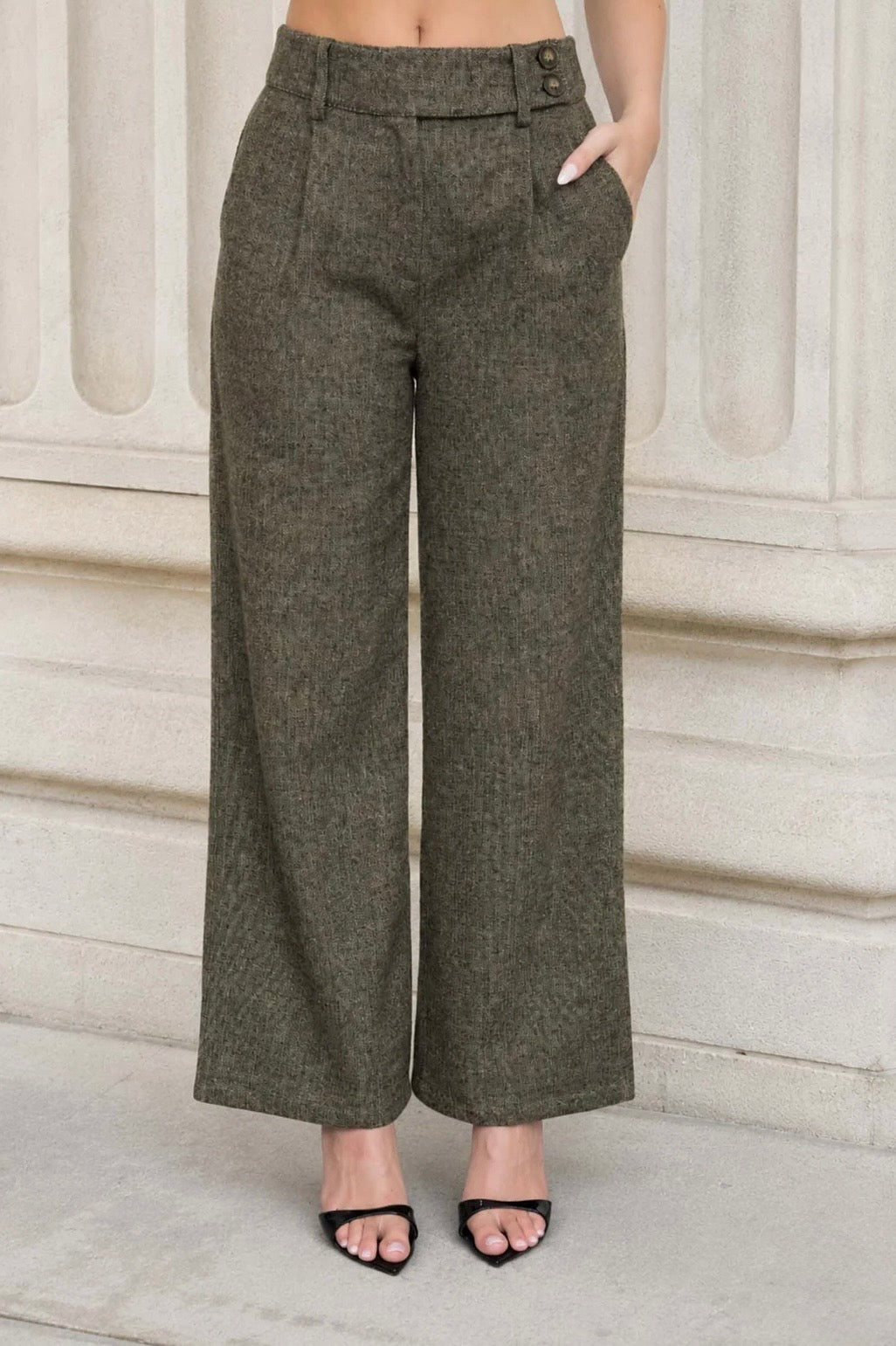 TWS1270-B HIGH WAIST PLEATED WIDE LEG TWEED PANTS