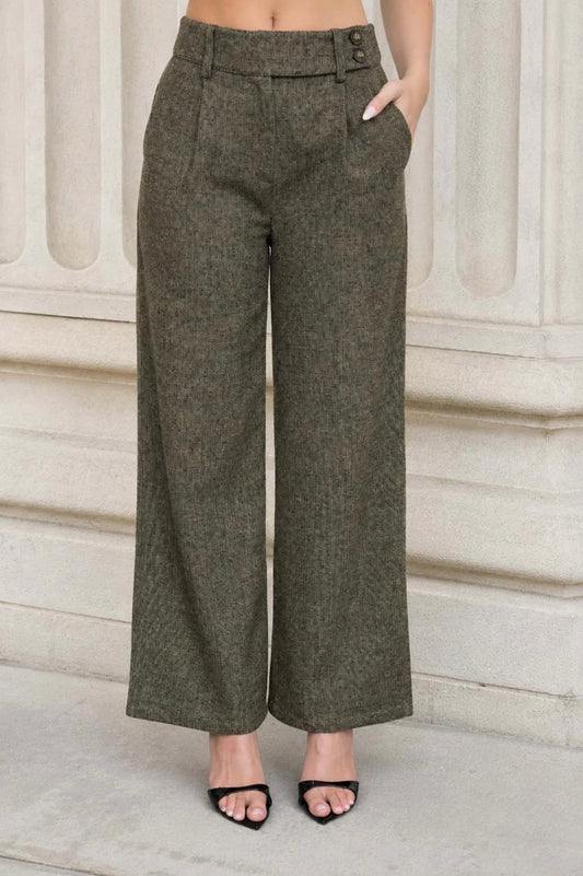TWS1270-B HIGH WAIST PLEATED WIDE LEG TWEED PANTS