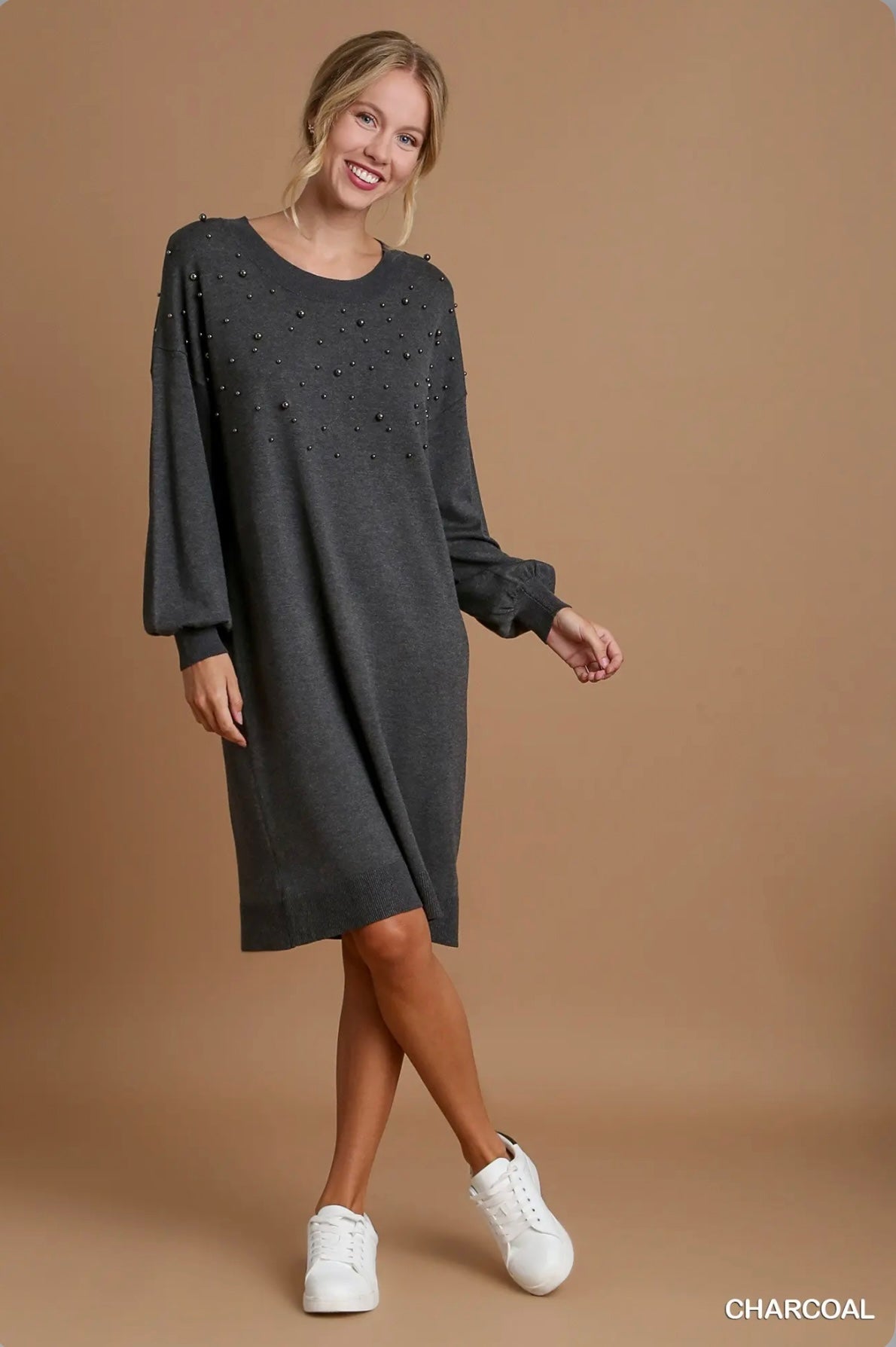 K7486 Pearl Round Neck Sweater Dress