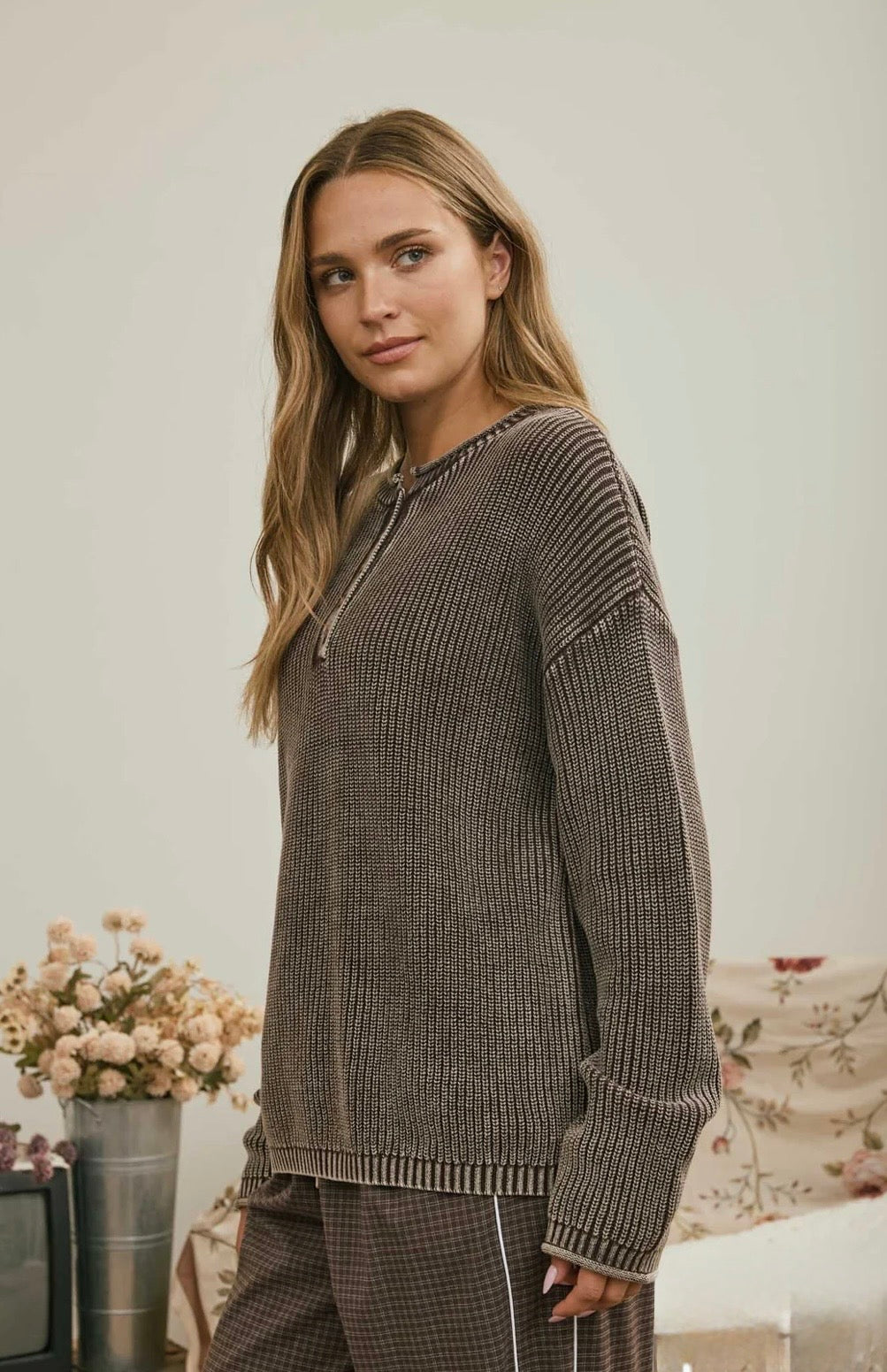 J6FT1029 WASHED RIBBED HENLEY DROP SHOULDER KNIT SWEATER