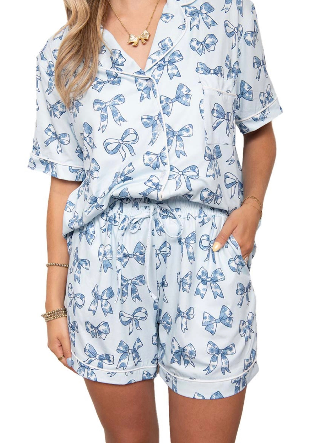 LIGHT BLUE TOILE COQUETTE BOWS WHOLESALE COTTON PJ SET