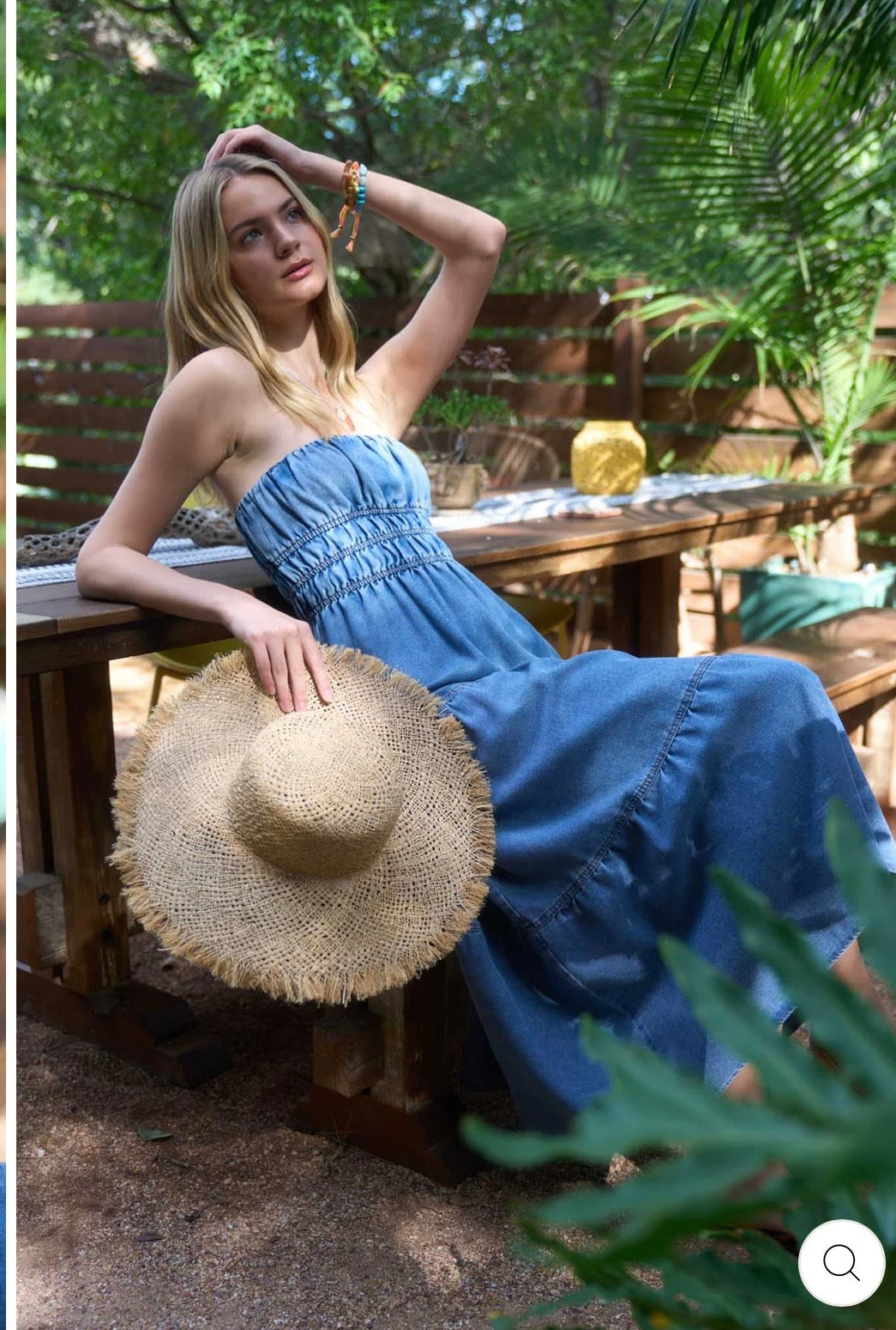 B6SX1051 Strapless Shirred Tiered Denim Midi Sundress