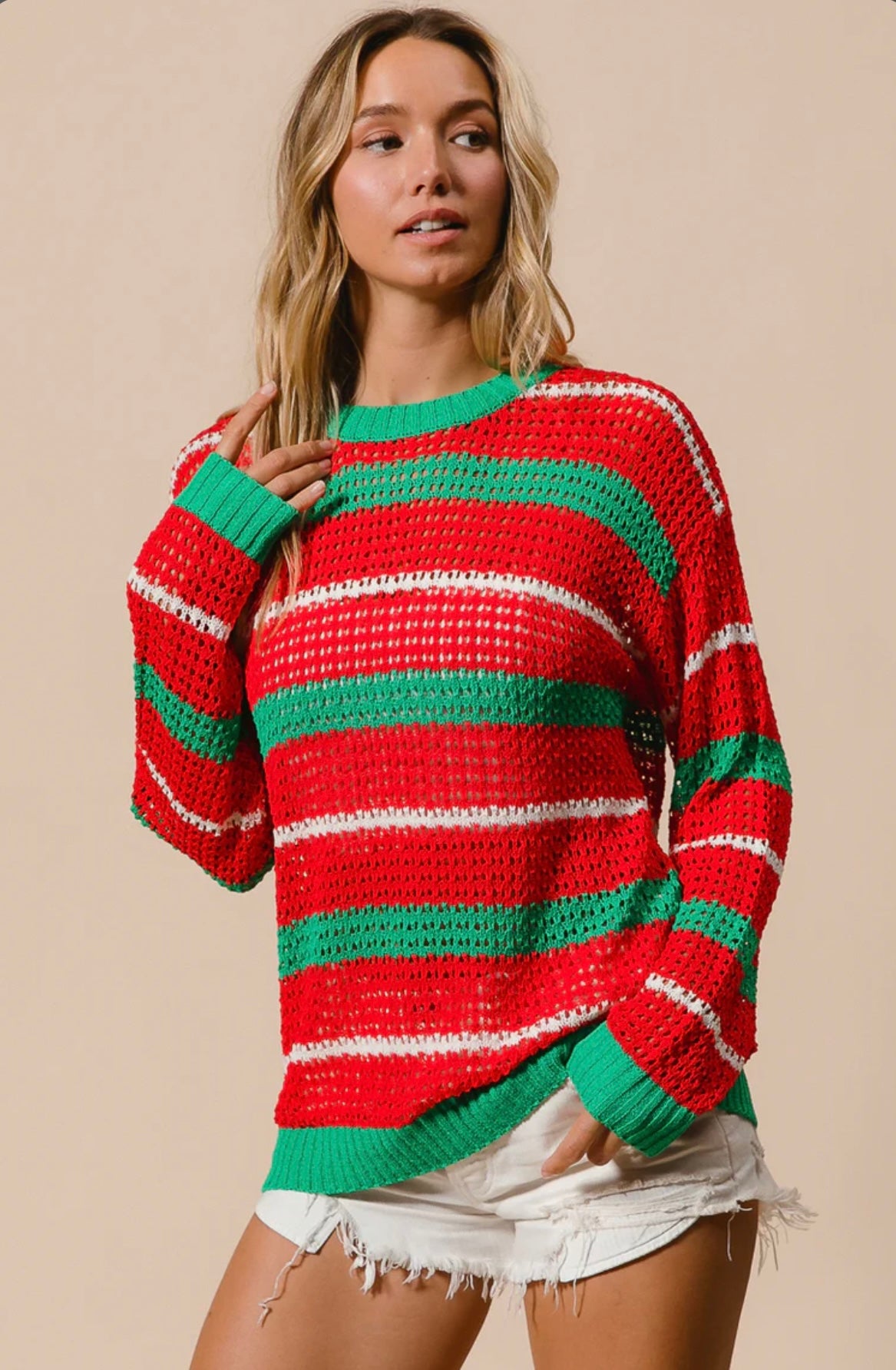 IT2456-01 CHRISTMAS STRIPES POINTELLE SWEATER