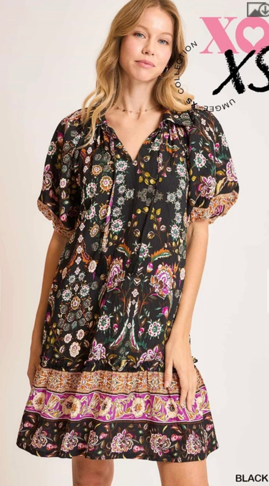 XS5092 Boho Chic Black Mix Floral Mini Dress
