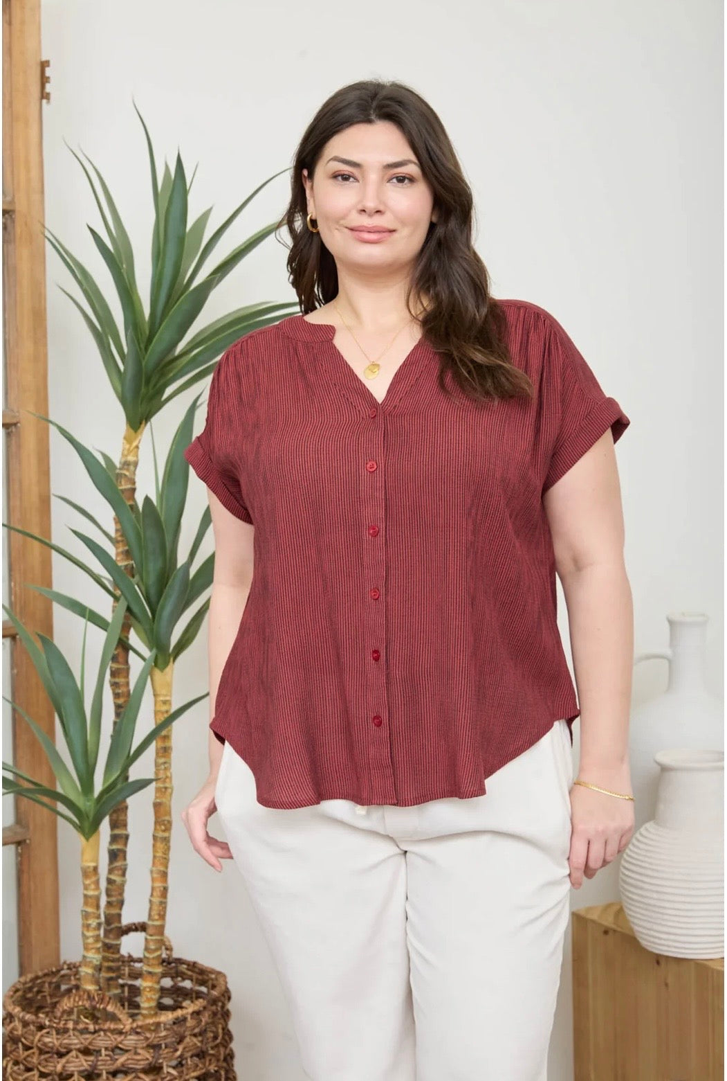 PCR2383 PLUS PINSTRIPE SHORT CUFF SLEEVE BUTTON DOWN SHIRT