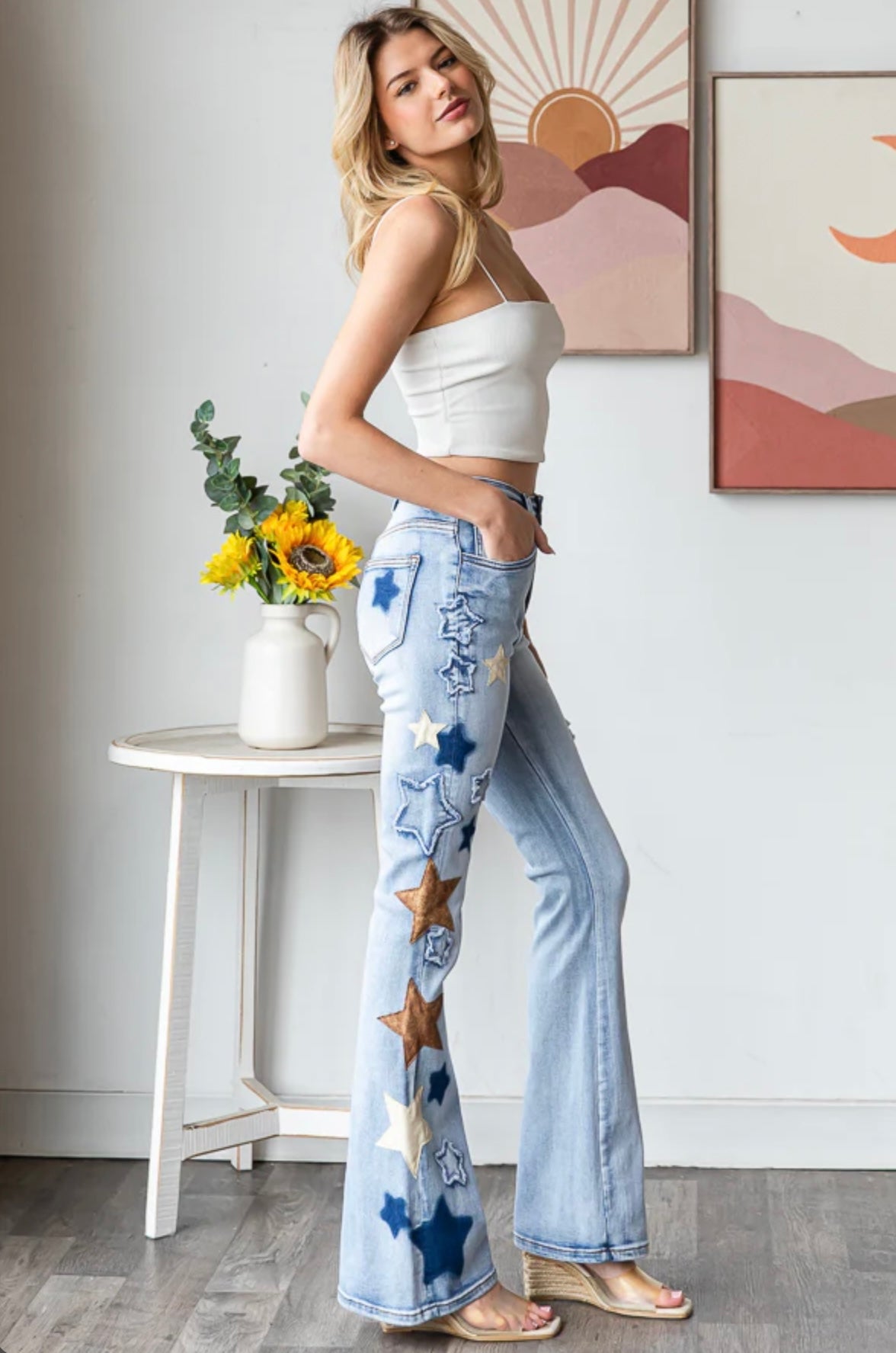 JP0811 WASHED STAR PACTHWORK DENIM JEANS