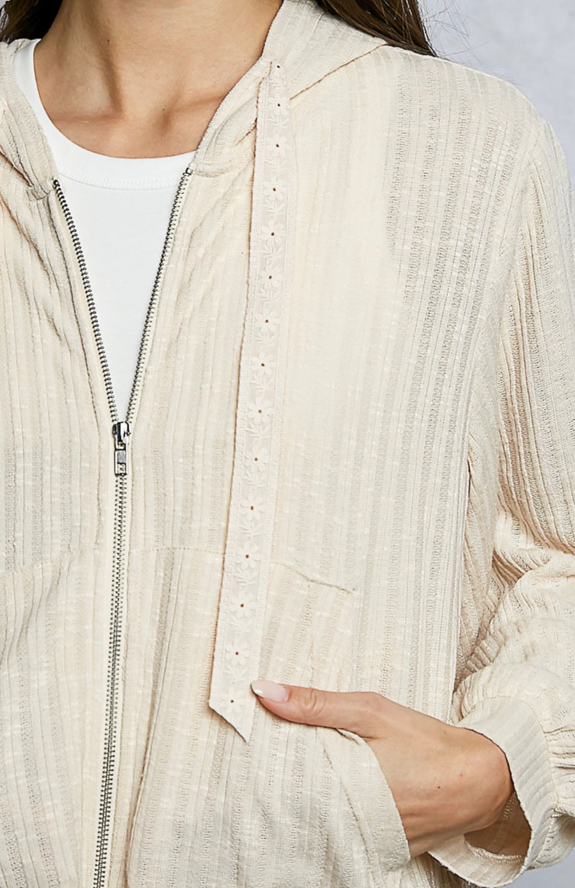 YKT1735A Almond Hooded Zip Up Jacket