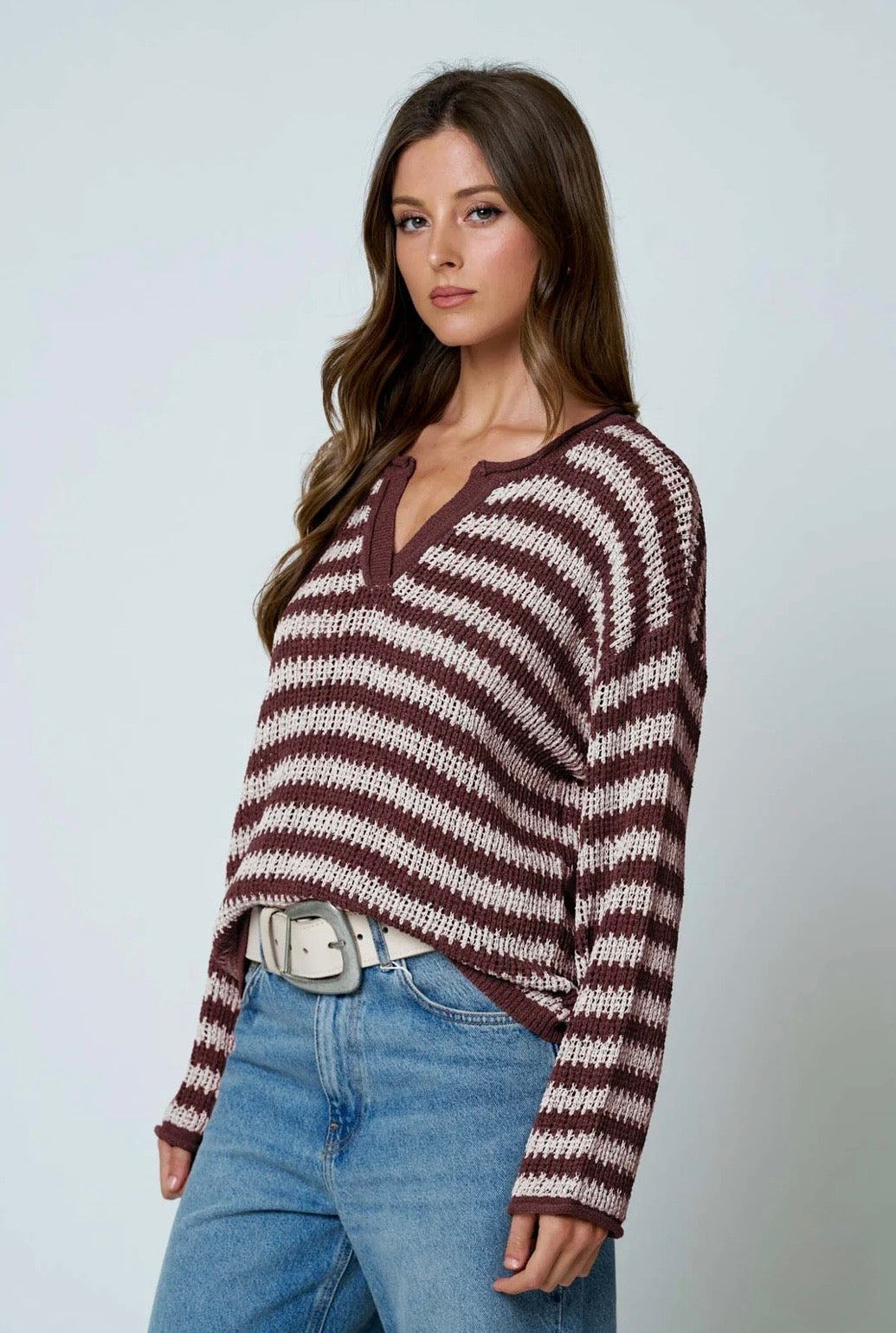 B6FT1030B STRIPE RAW EDGE SPLIT NECK SHEER KNIT SWEATER