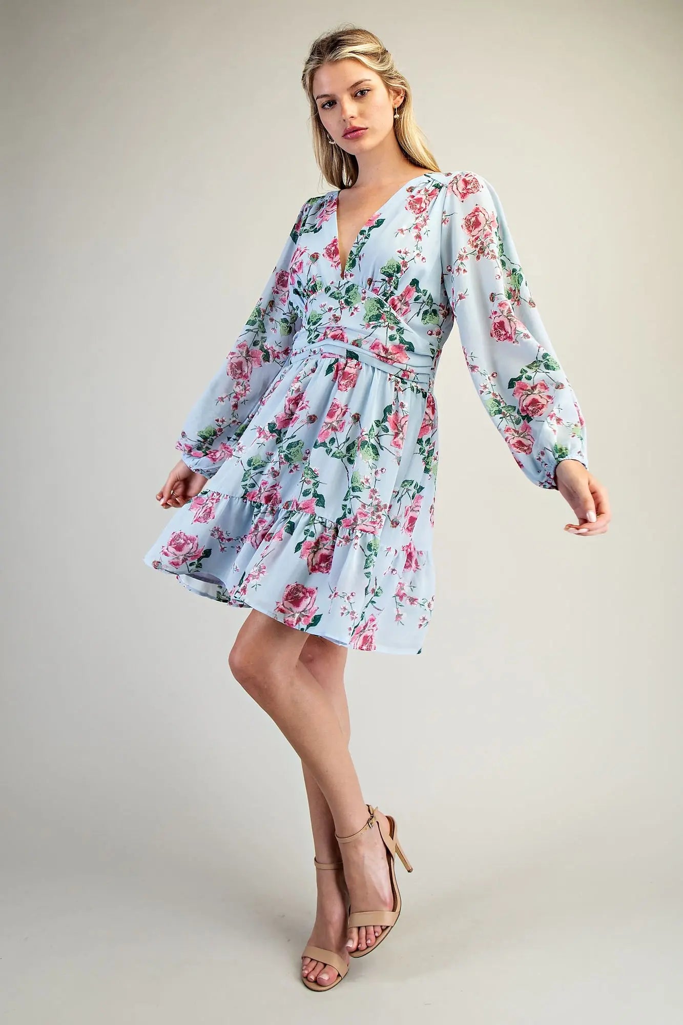 K7479 Floral Print V-Neck Dress