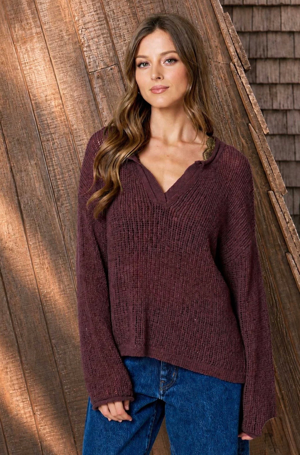 B6FT1030A RAW EDGE SPLIT NECK LONG SLEEVE SHEER KNIT SWEATER