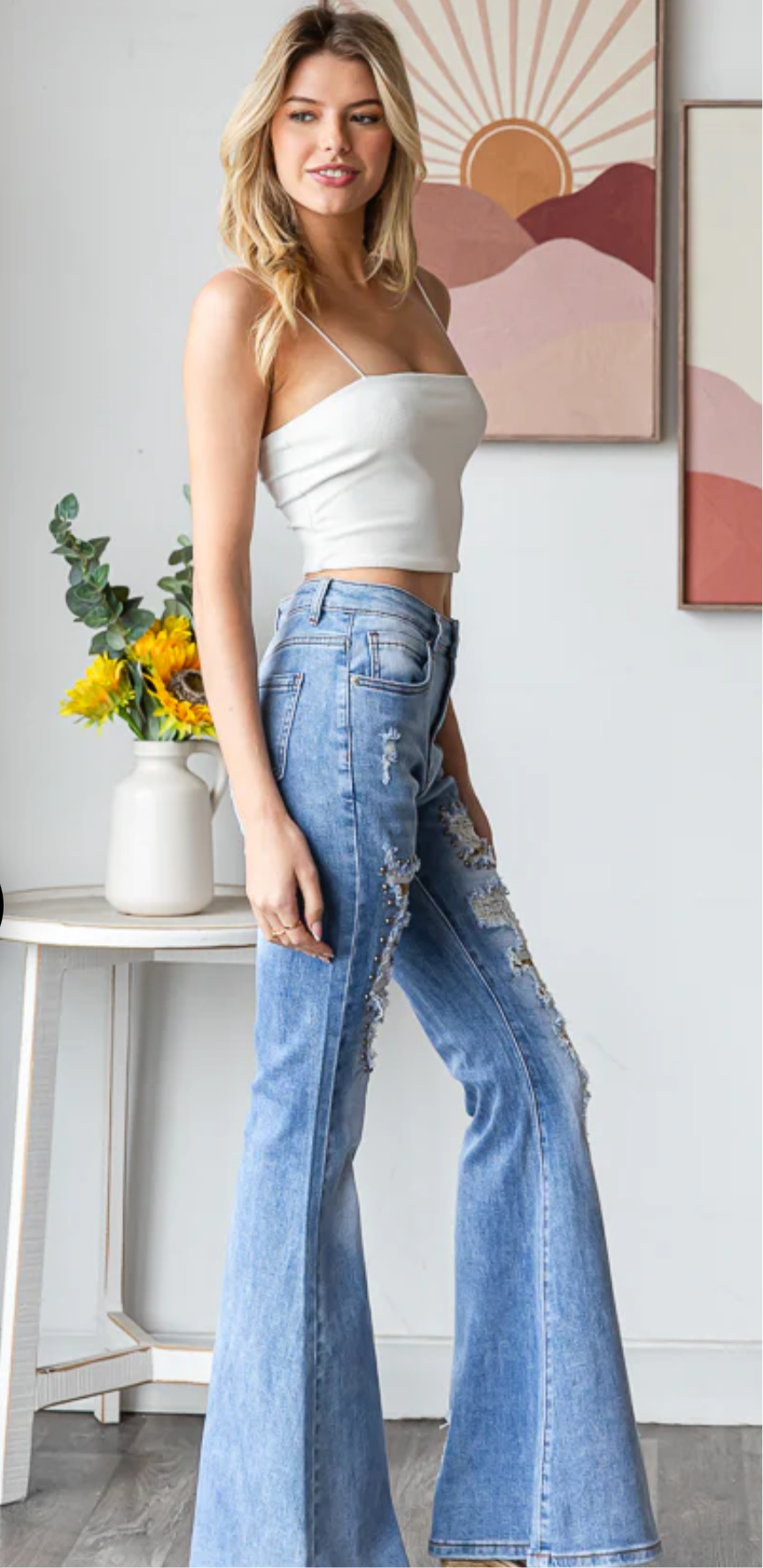 BP1142 | STUD DETAIL DISTRESSED STRECHY FLARE DENIM JEANS
