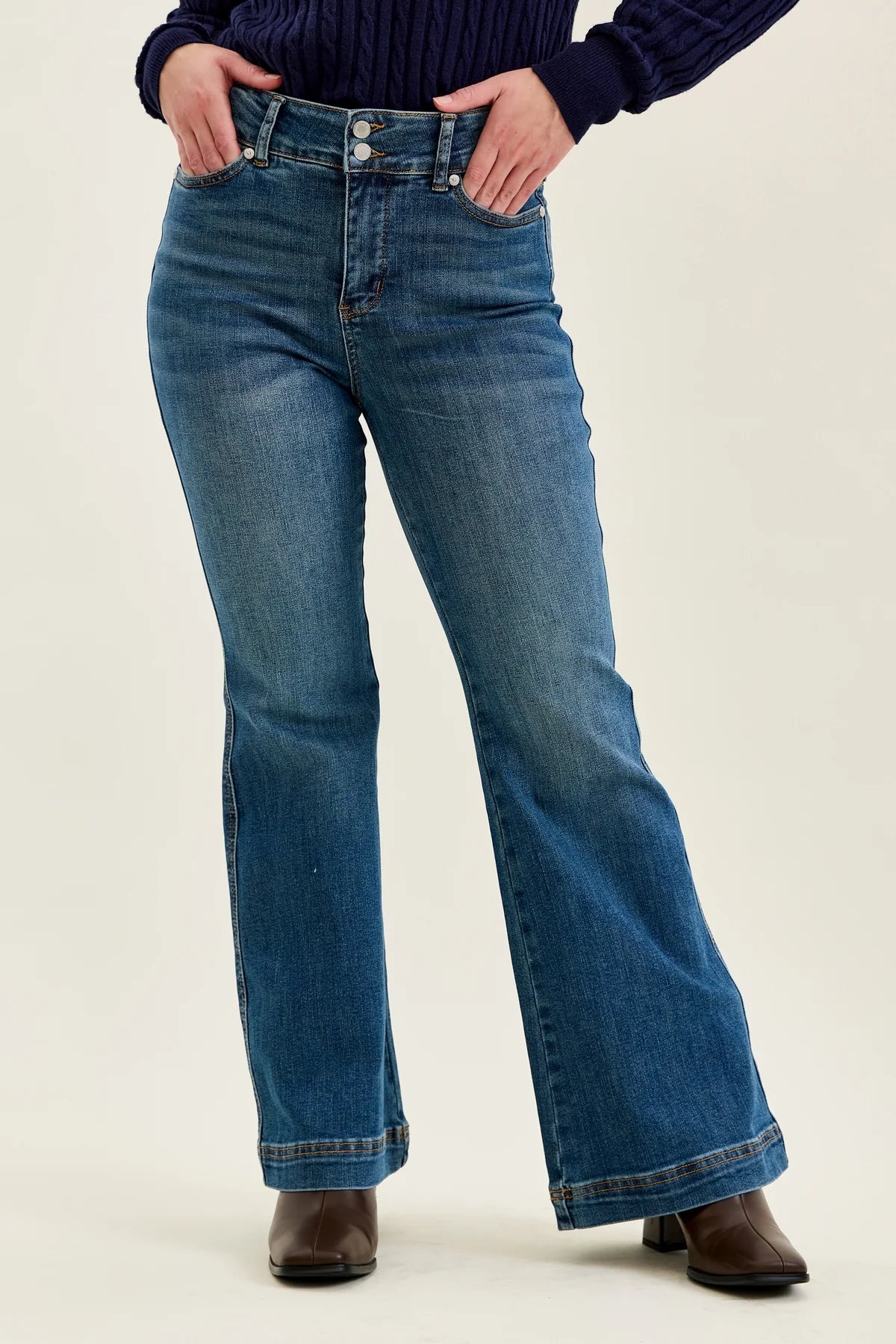 881018PT Petite Flare Tummy Control Double Button High Waist Jean