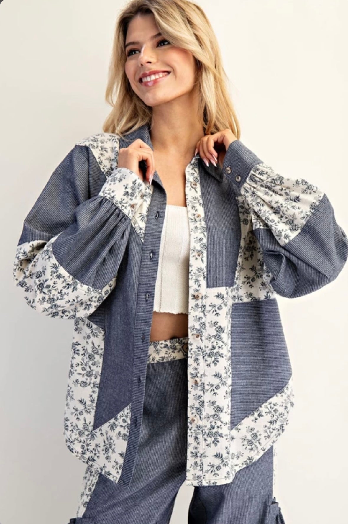 TY13137 Color Block Button Down Denim Shirt