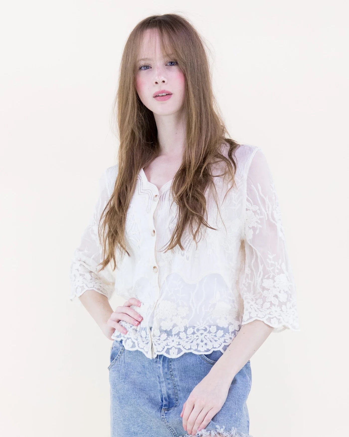FT85846 Bella Bloom Sheer Lace Blouse-White
