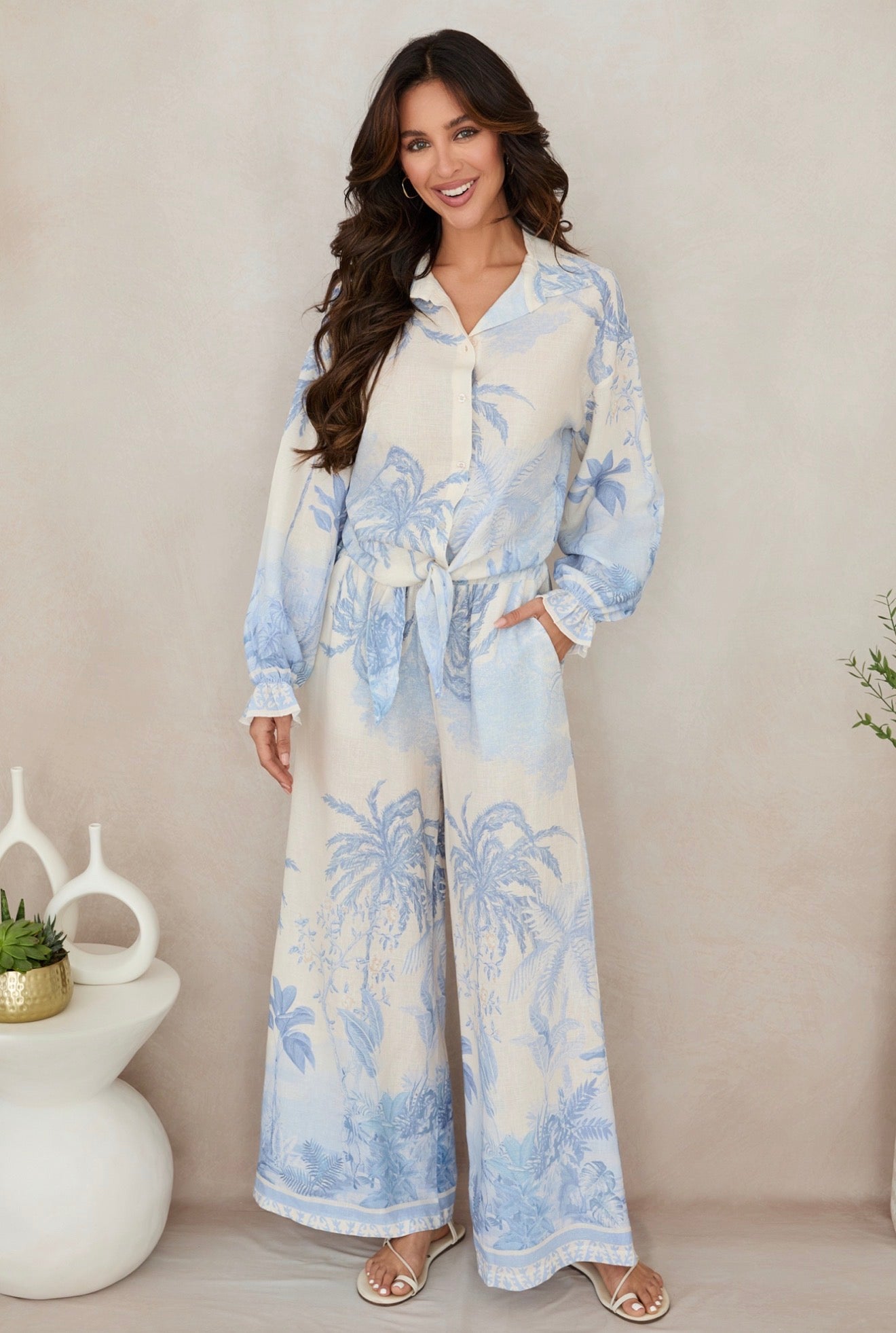 77008L001 Tropical Palm Tree Wide Leg Linen Pants