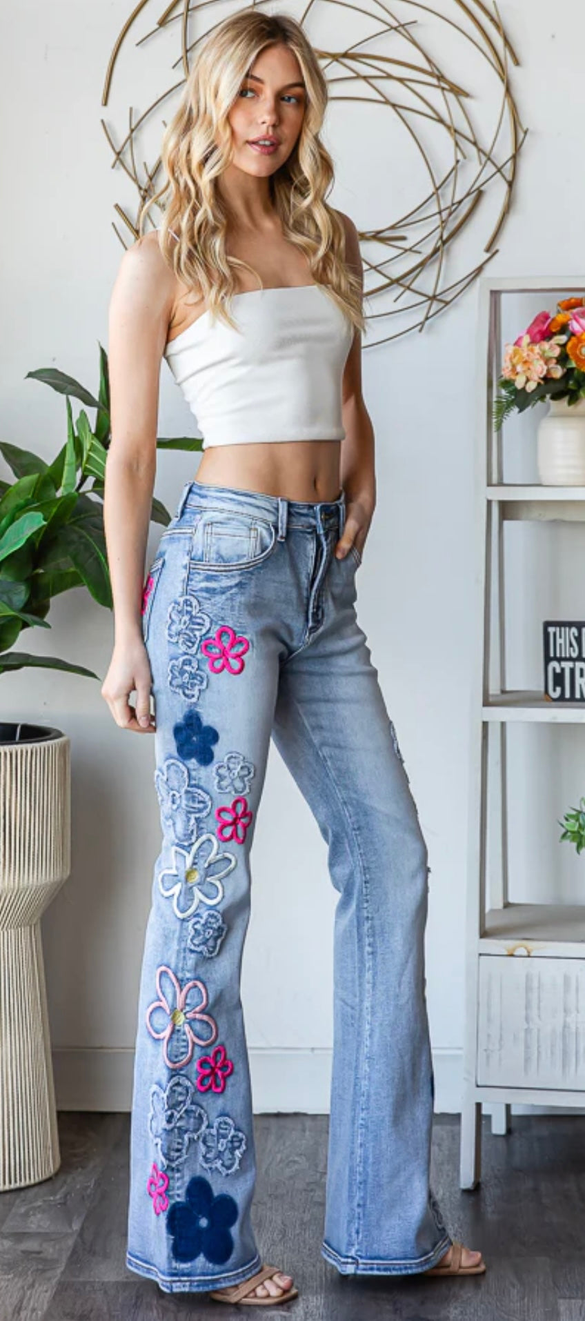 Pre-Order- JP0810 Washed Flowered Embroidery Flare Jeans
