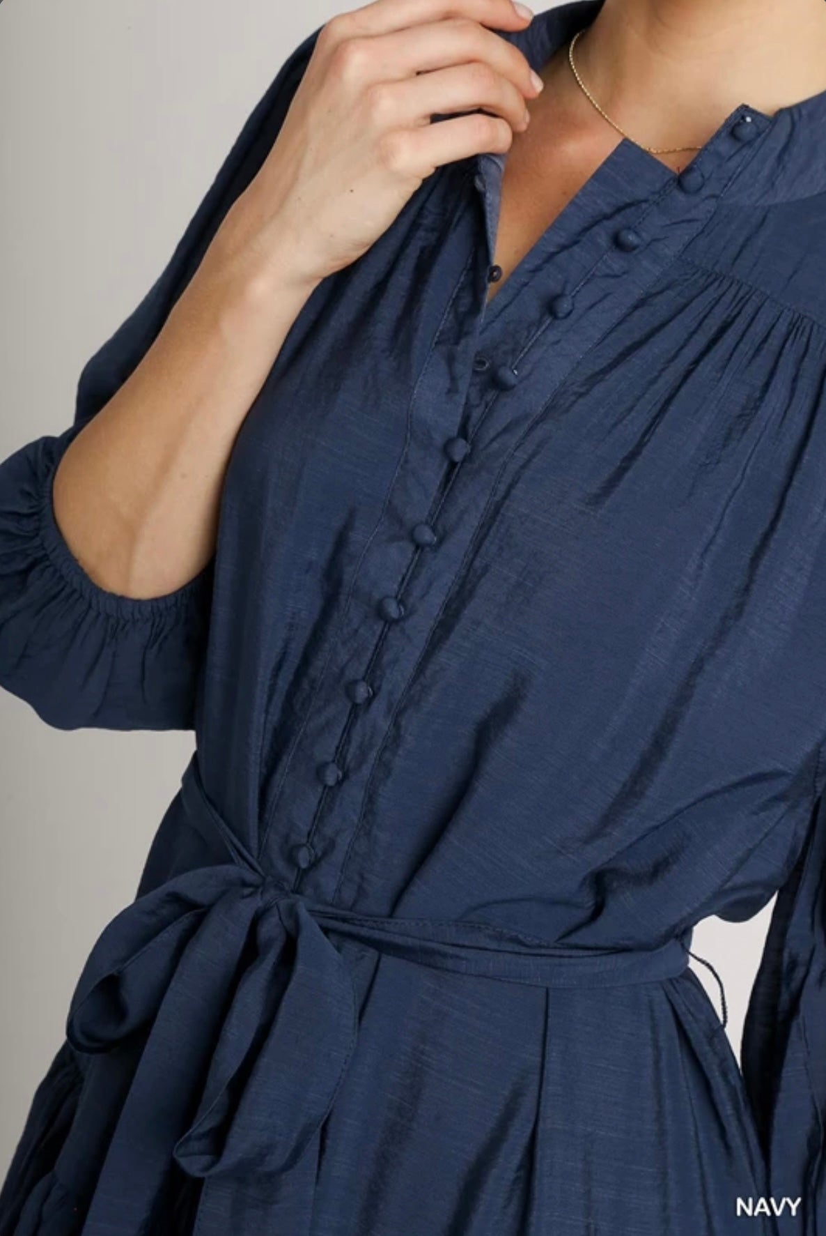 C3633 Mandarin Collar Fabric Button Down Dress with Short Puff Sleeves & Front Tie Belt