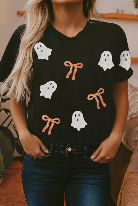 Sequin Bow Ghost Patched Halloween Graphic Tee