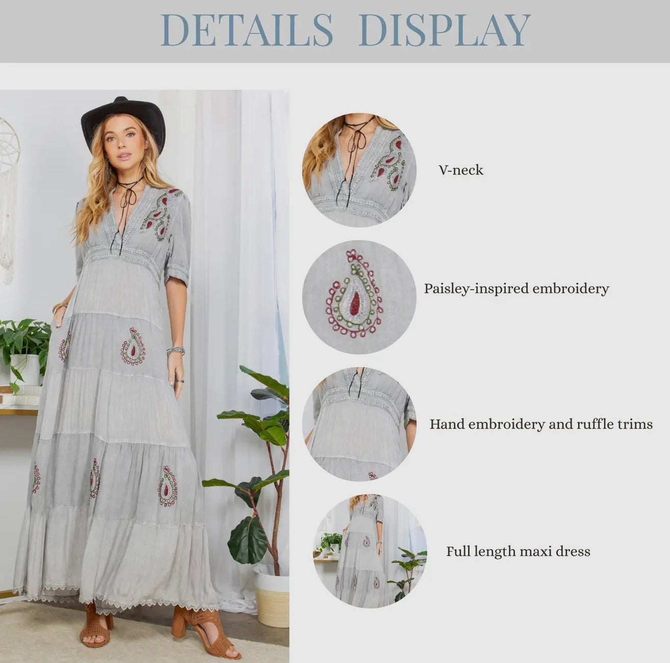 DR44607 Boho Gray Maxi Dress with Embroidered Accents