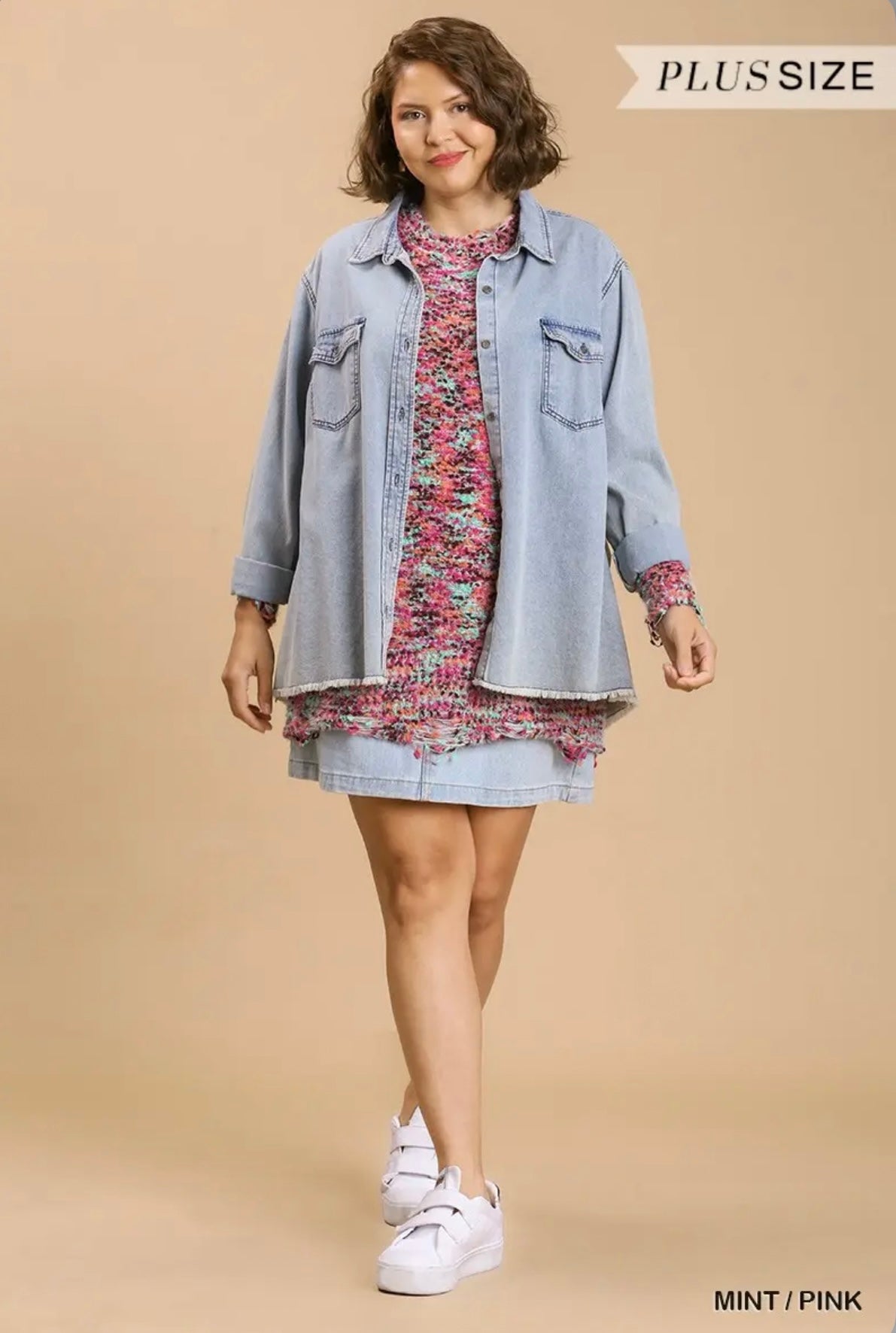 WA6067 Multicolored Round Neck Knit Tunic Dress with Distressed Hem