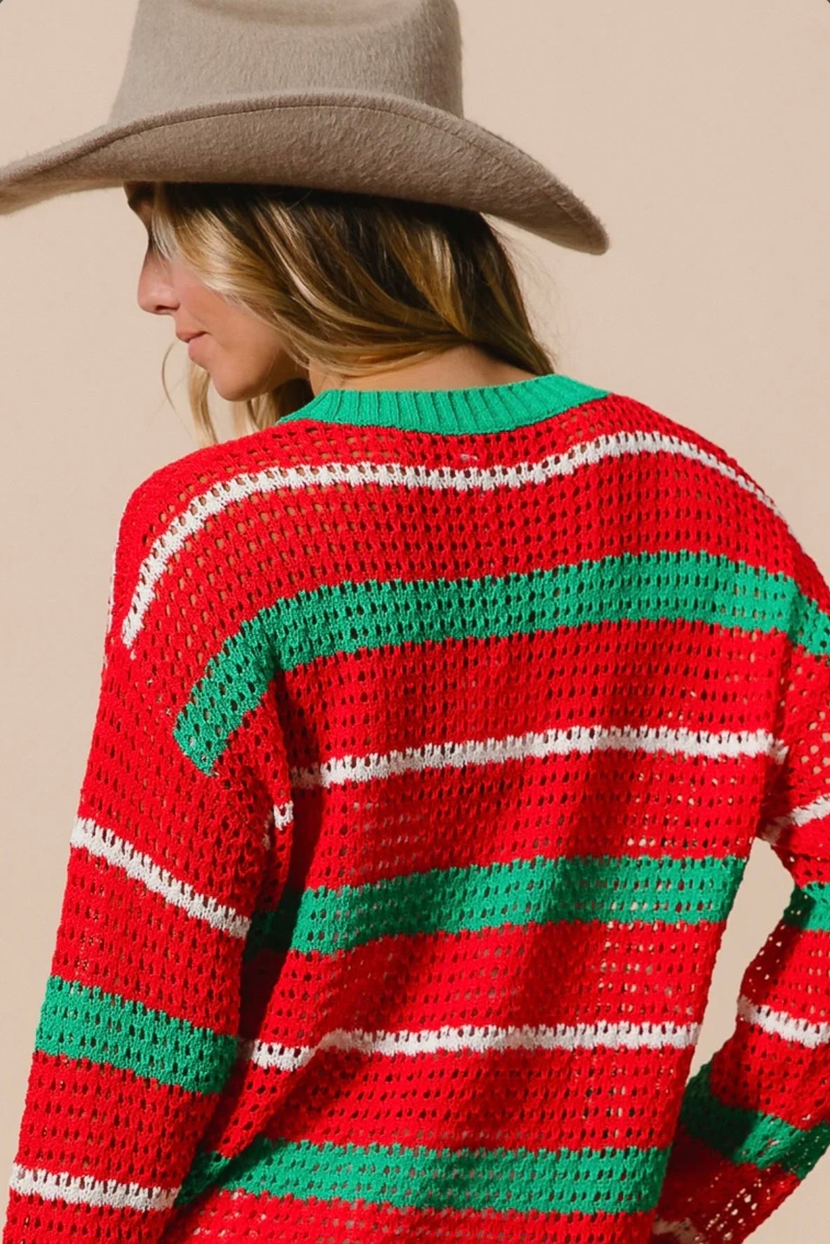IT2456-01 CHRISTMAS STRIPES POINTELLE SWEATER