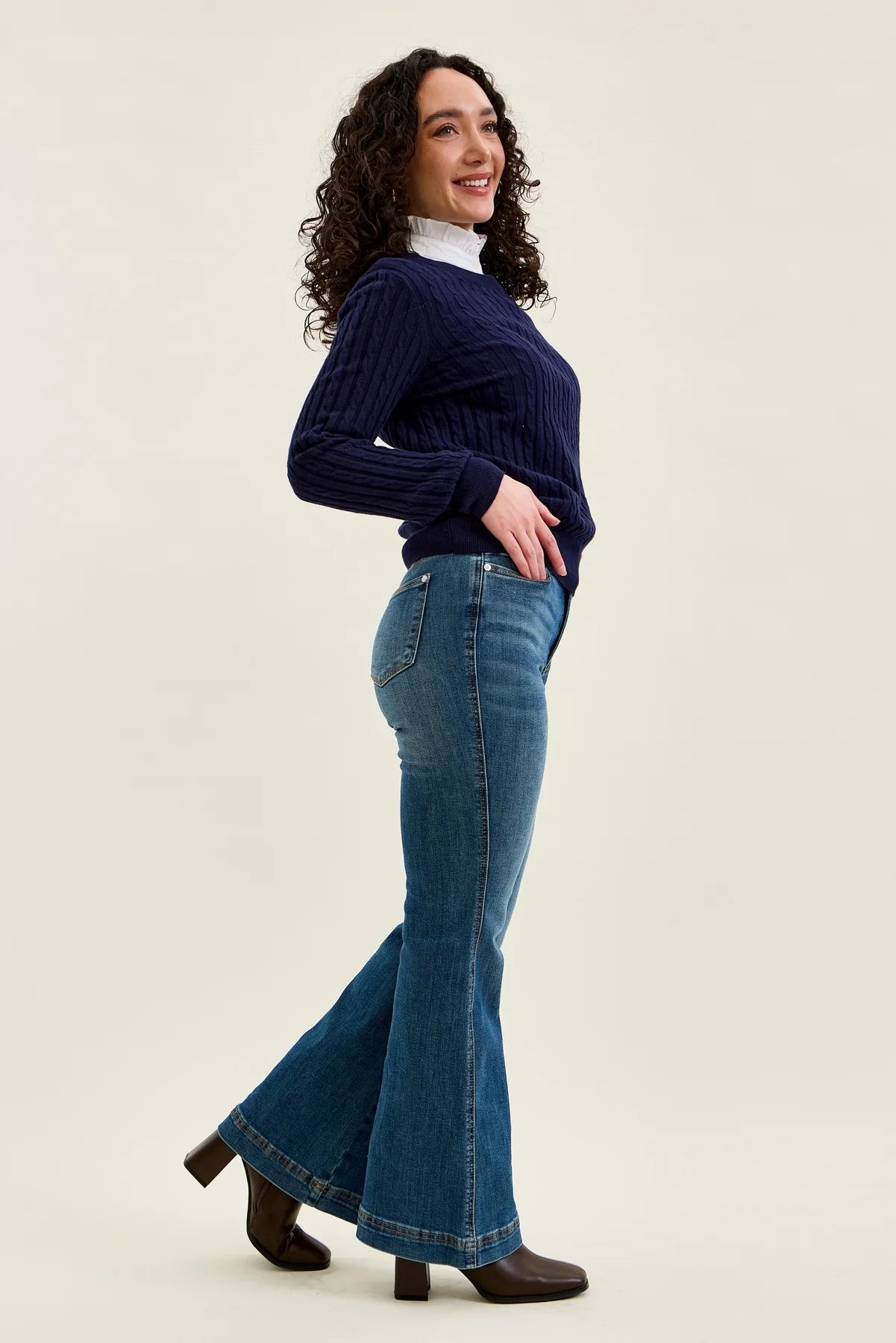 881018PT Petite Flare Tummy Control Double Button High Waist Jean