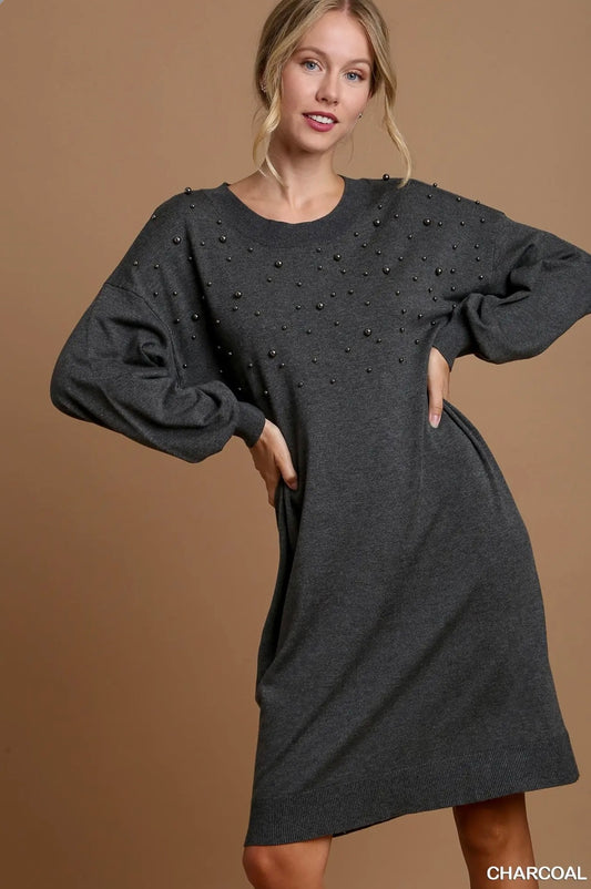 K7486 Pearl Round Neck Sweater Dress