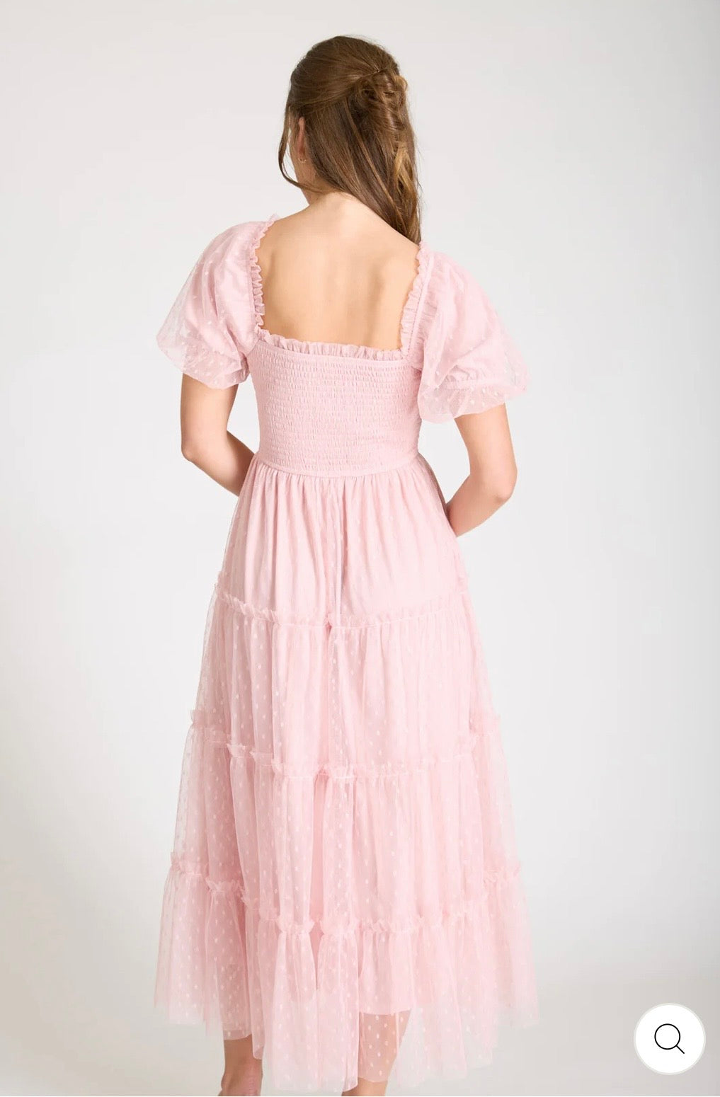 CR2739 POLKA DOT TULLE PUFF SLEEVE SMOCKED TIERED MIDI DRESS