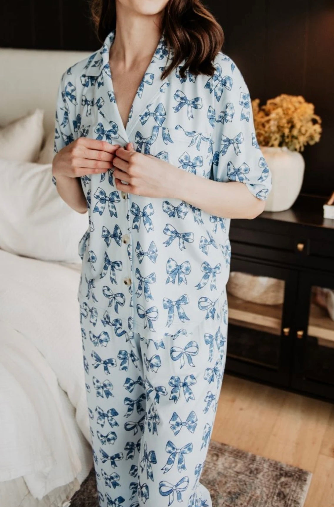 Light Blue Toile Coquette Bows Pajama Pants Set