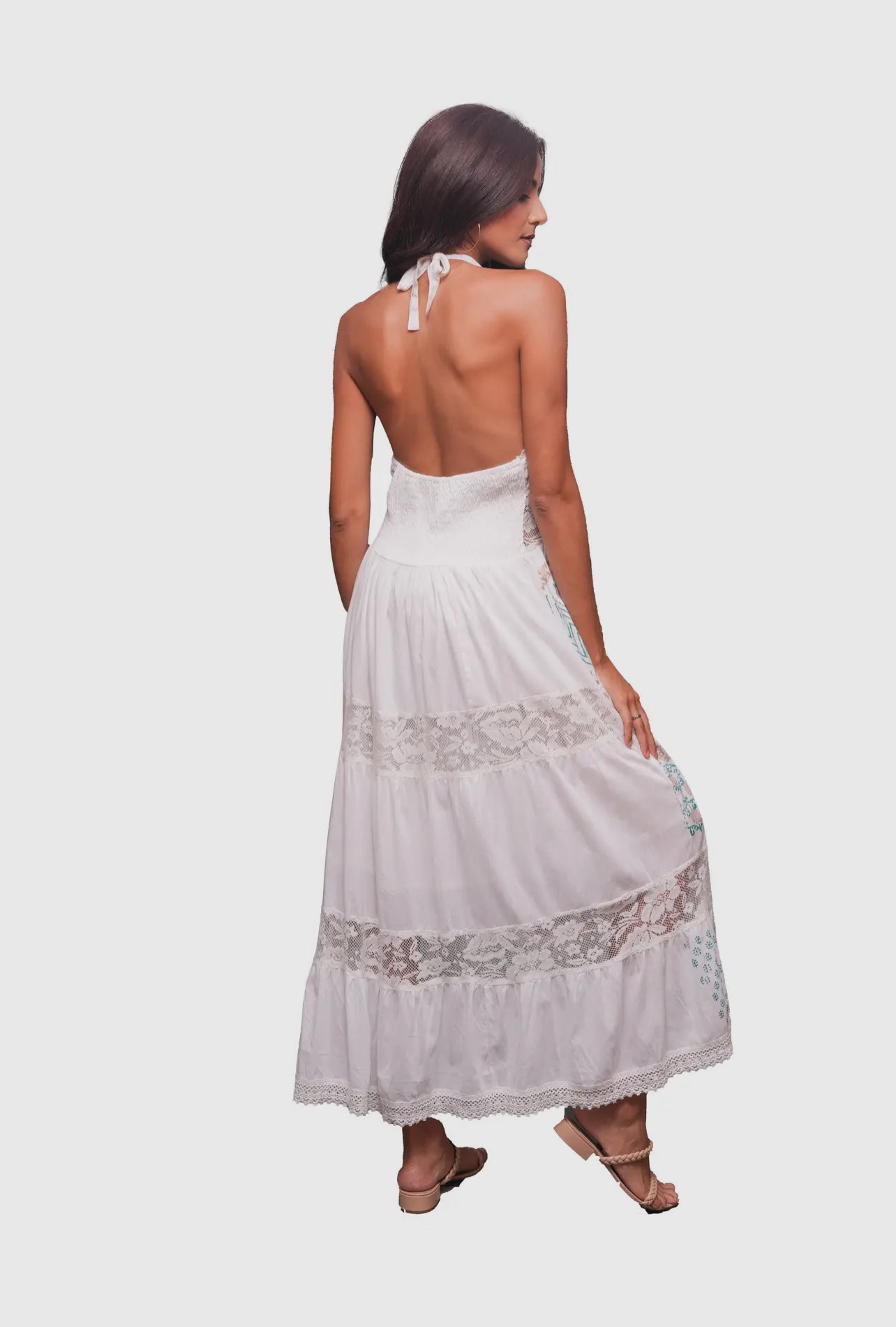 224058 Ethereal White Schiffli Maxi Dress with Lace